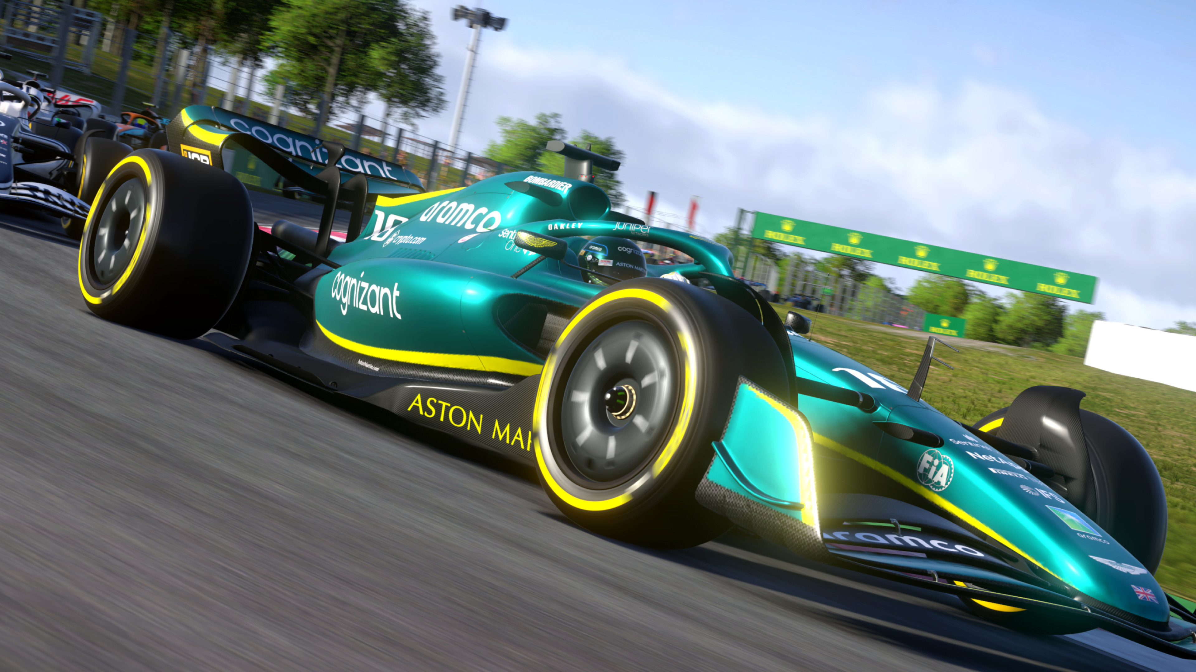 Aston Martin AMR22 Formula 1 car, F1 22 video game, Grand Prix race track, 4K Desktop wallpaper