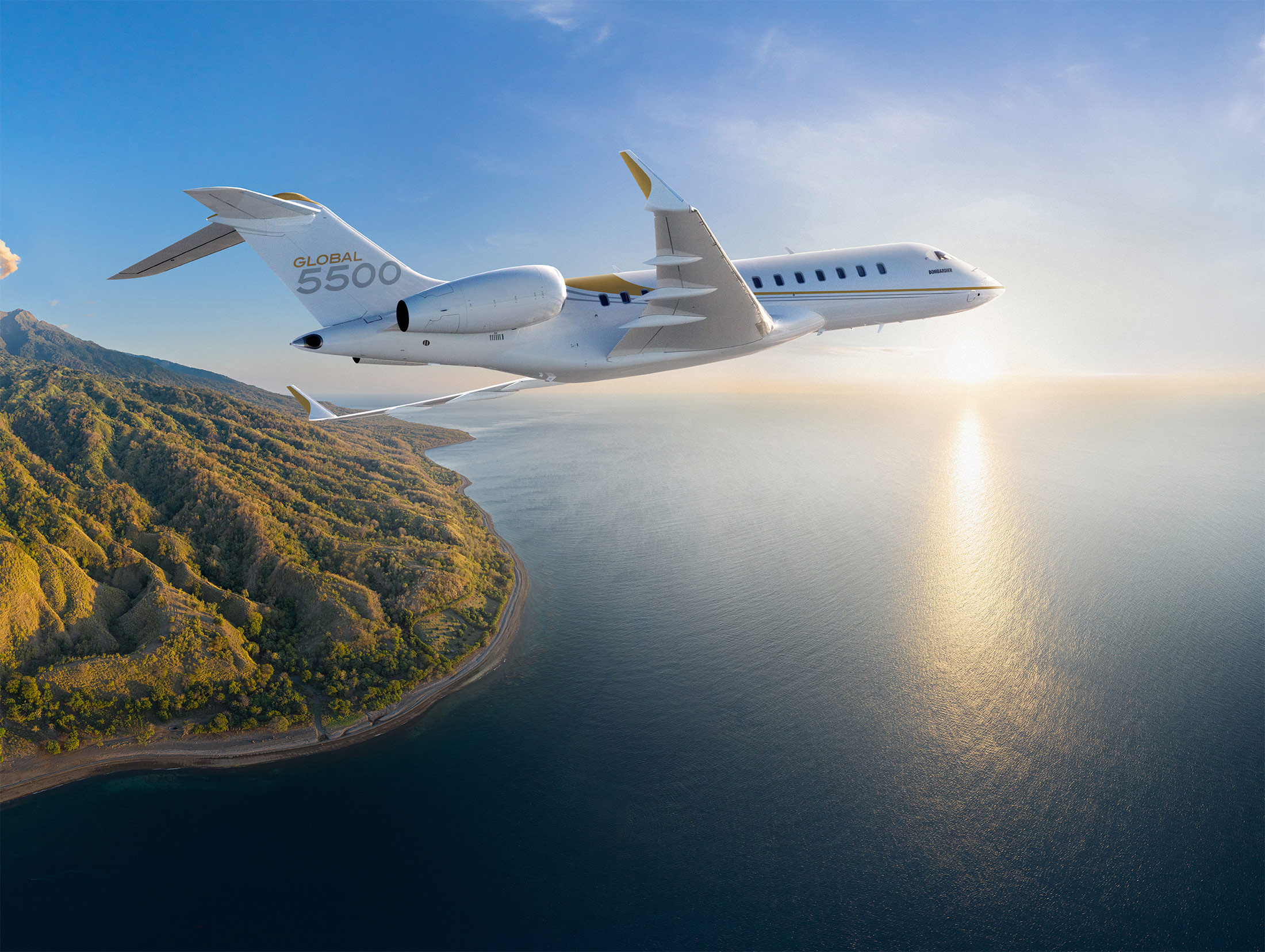 Bombardier Global 5500, Coastal mountain shoreline, Golden hour ocean reflection, HD Desktop wallpaper
