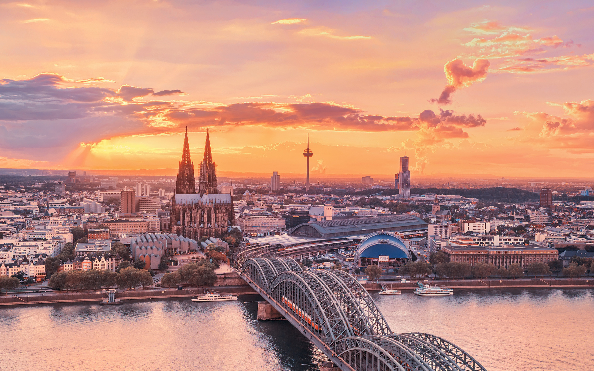 The Rhine River, Architecture bridge buildings, Cathedral church cityscape, Germany photography, 1920x1200 HD Desktop