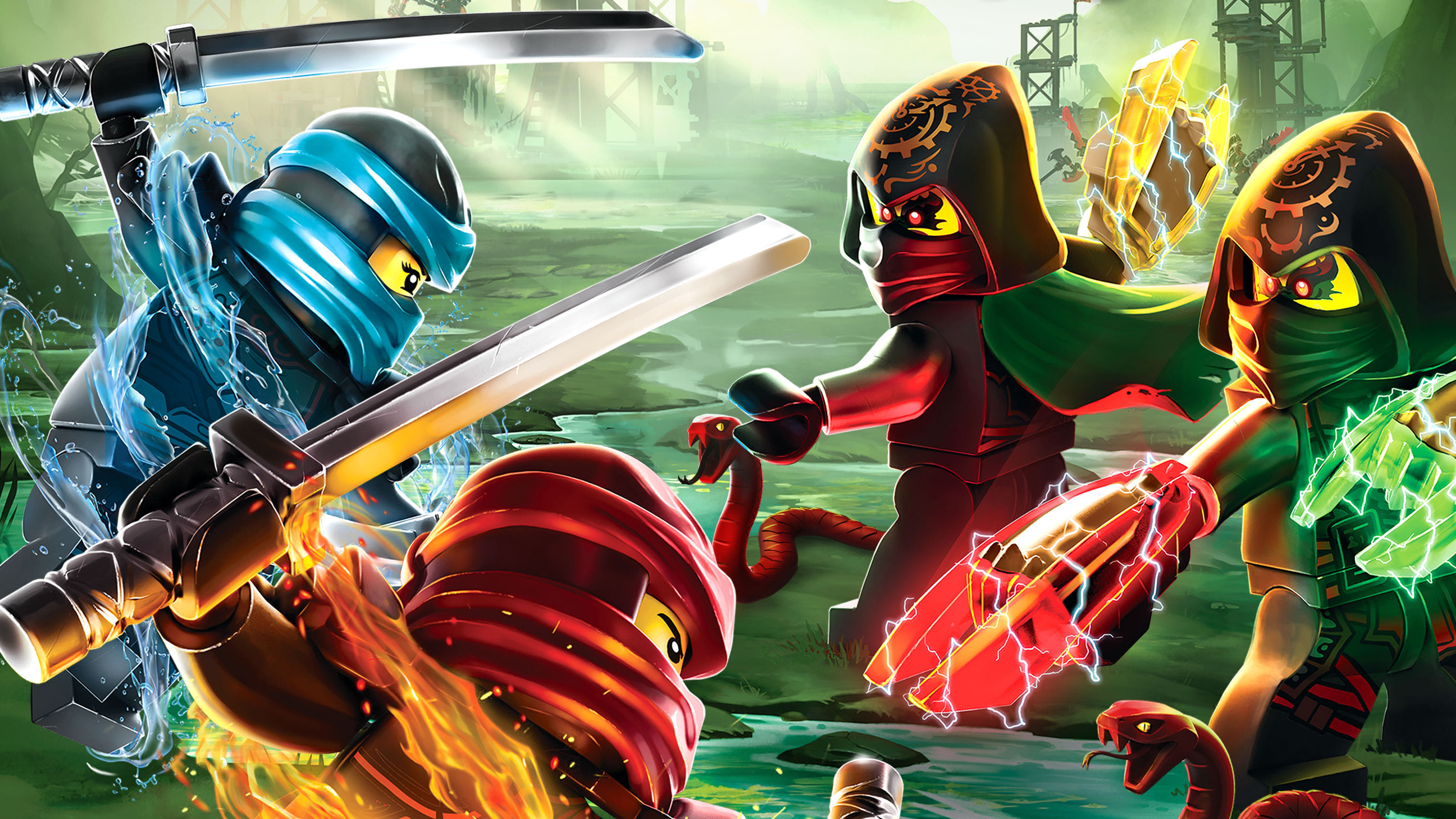 Nya with water blades, Kai with flaming blade, Vermillion snake warriors, Ninjago swamp battle, HD Desktop wallpaper