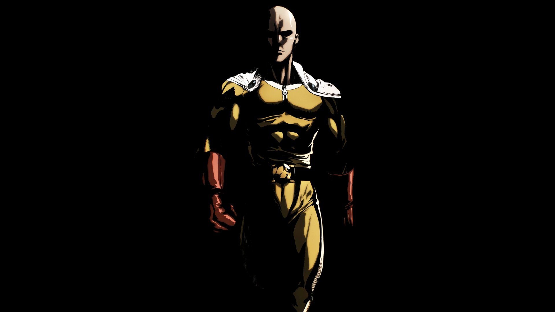 Saitama, One-Punch Man hero suit, Black minimalist backdrop, Full HD Desktop wallpaper