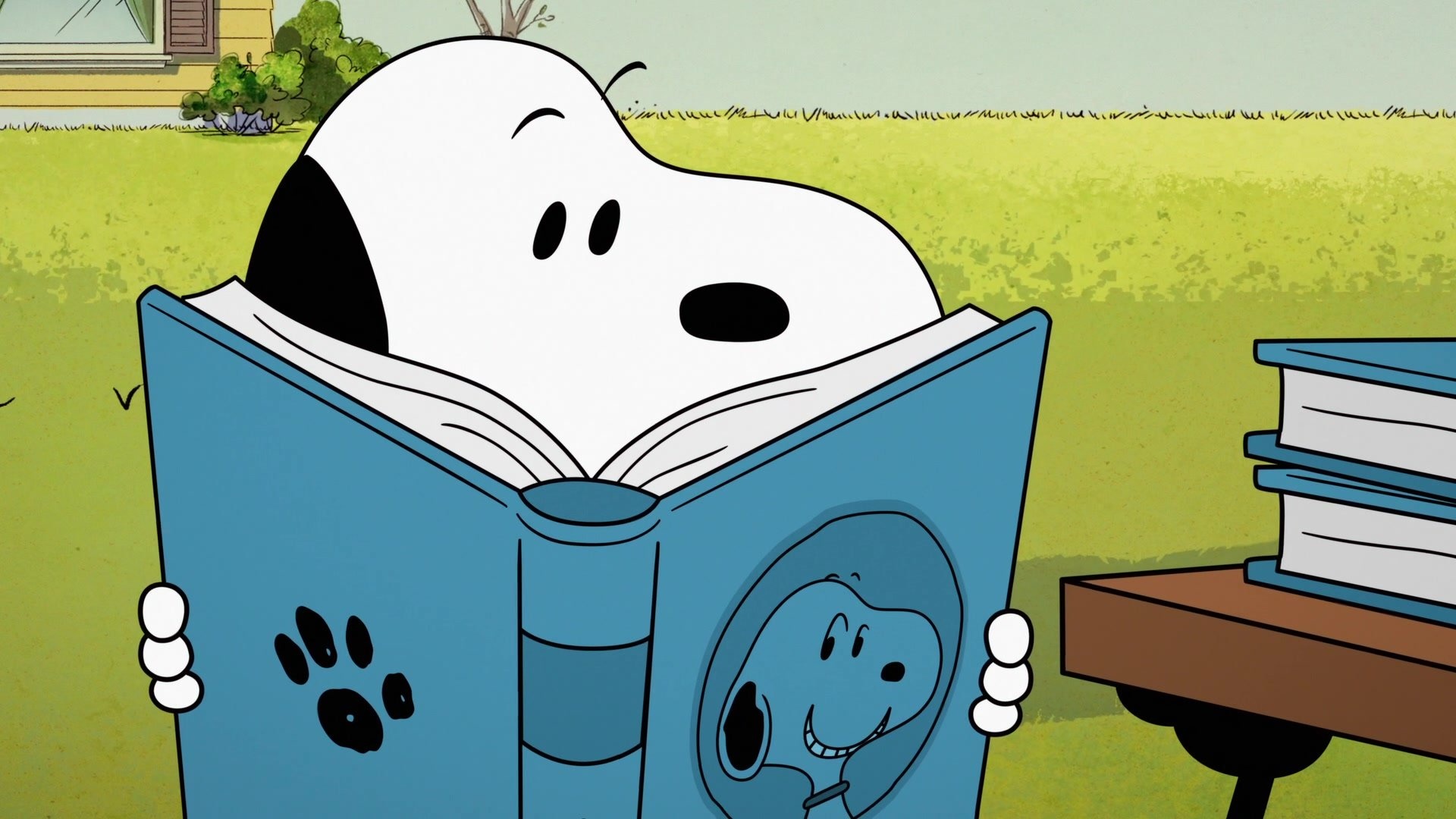 Snoopy, blue book with pawprint, stack of books, Full HD Desktop wallpaper
