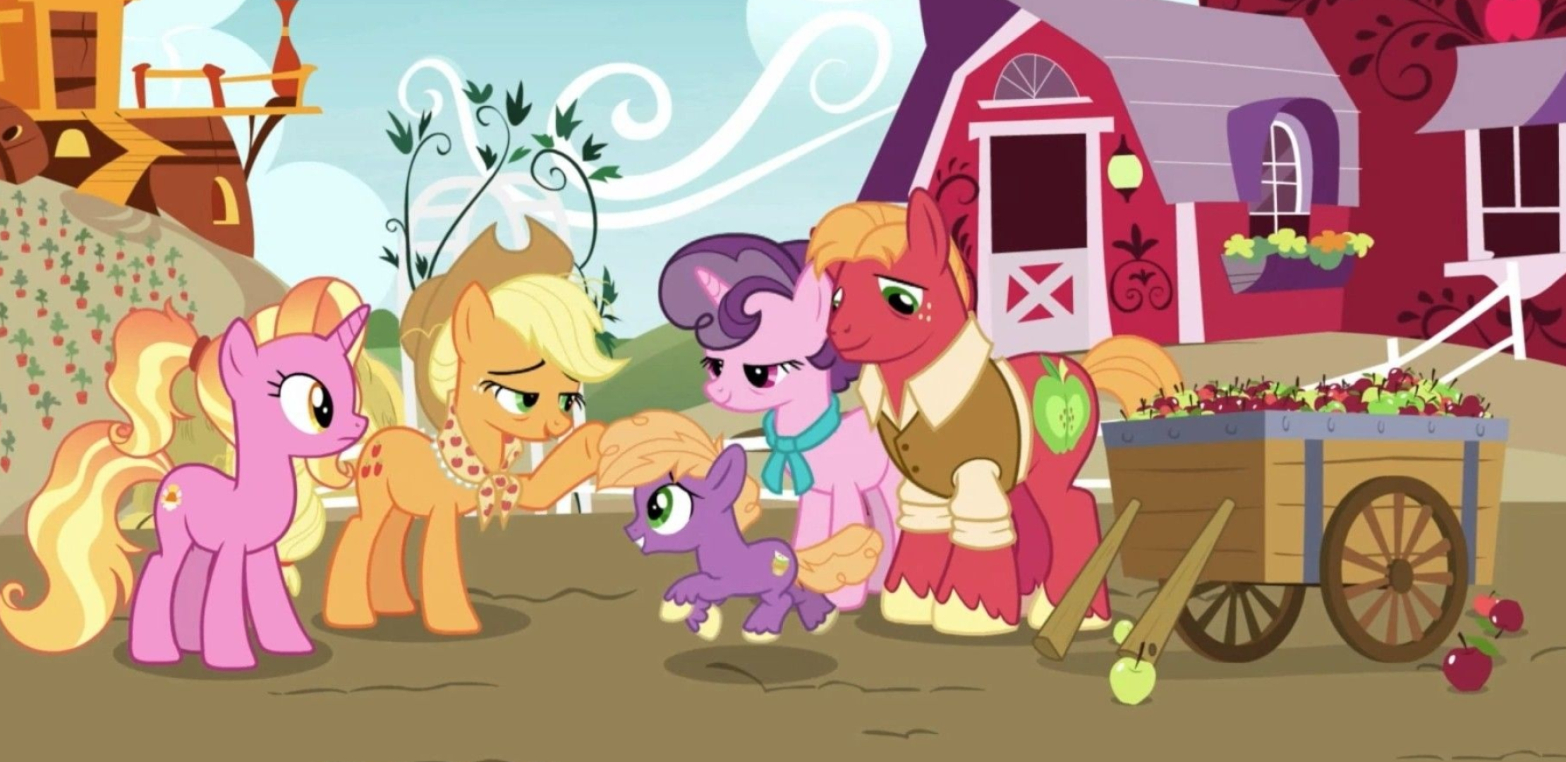 Applejack, Big McIntosh, Sweet Apple Acres, Apple Family ponies, Dual Screen Desktop wallpaper