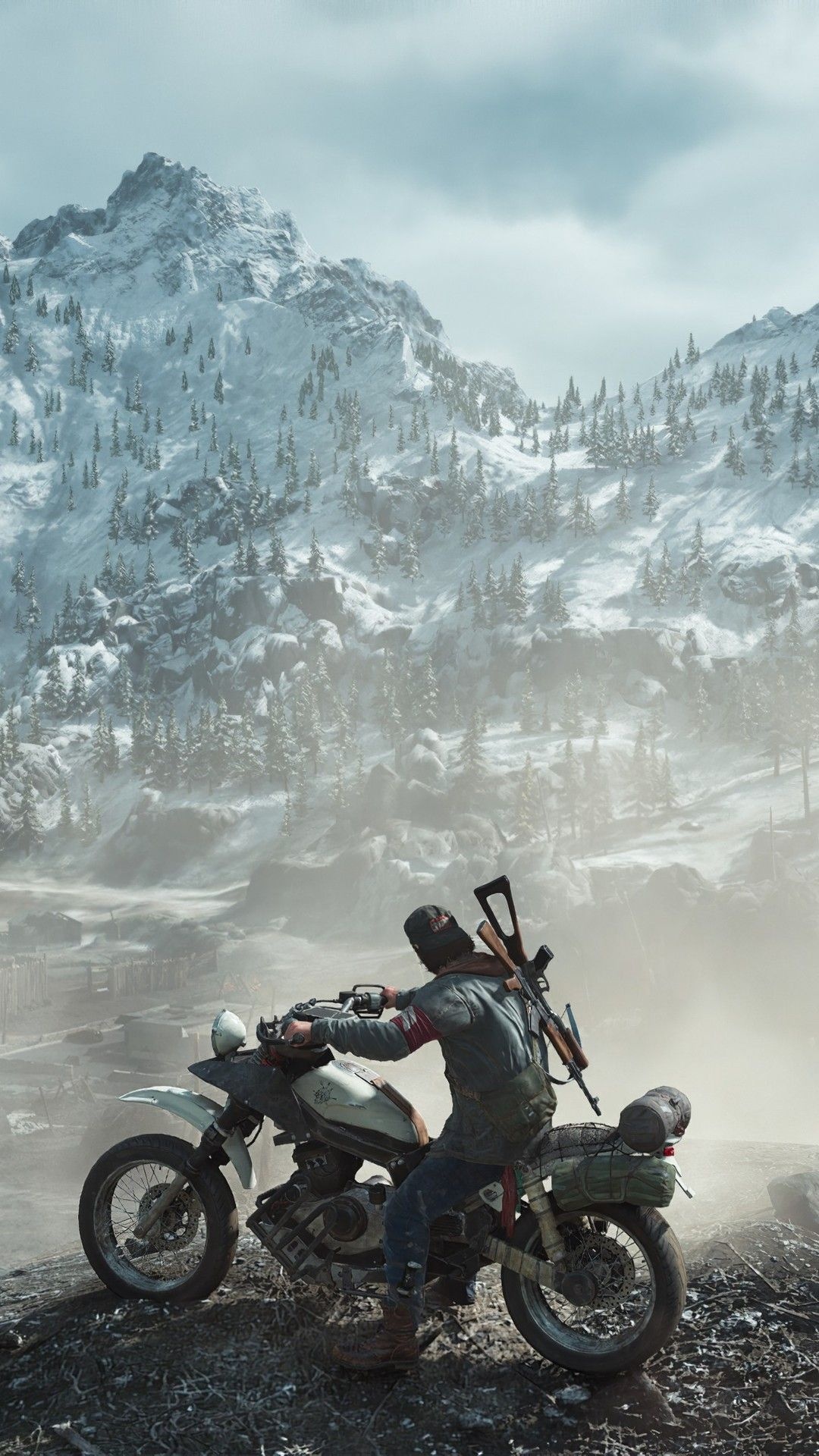 Deacon St. John, custom drifter motorcycle, snow-covered mountain landscape, Full HD Phone wallpaper