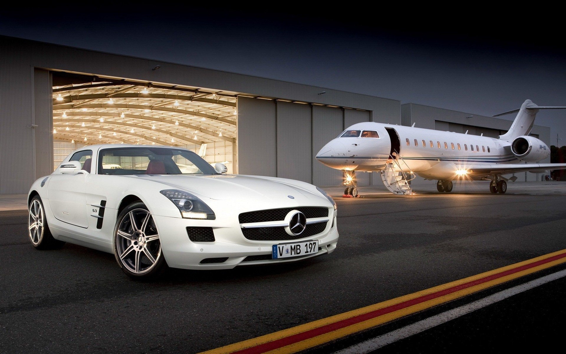 Mercedes-Benz SLS AMG, Private business jet, Illuminated aircraft hangar, HD Desktop wallpaper