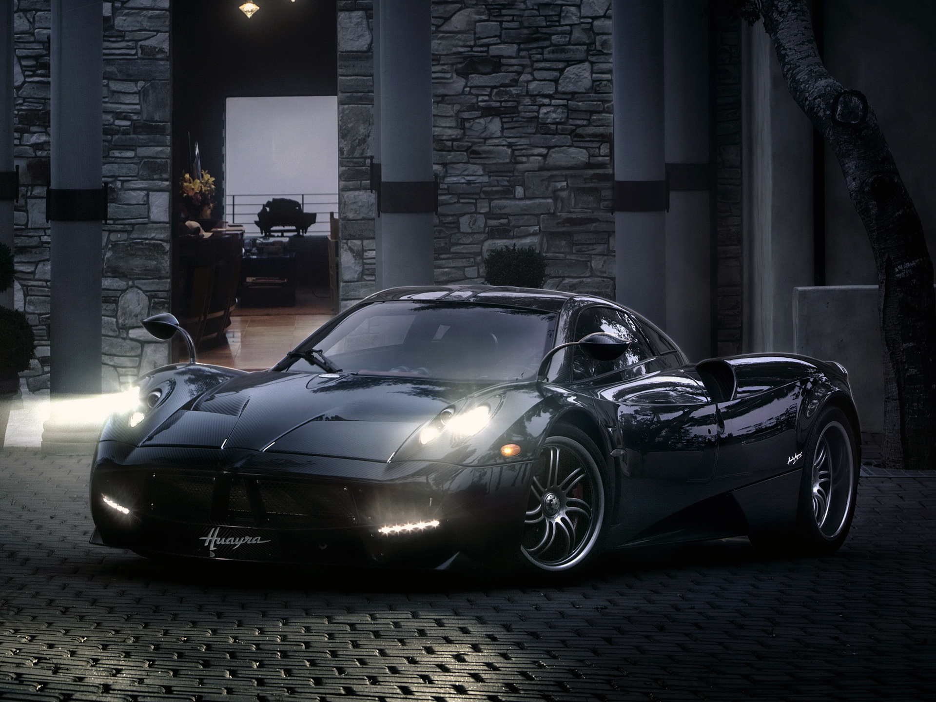 Pagani Huayra, Gloss carbon fiber bodywork, Cobblestone villa driveway, HD Desktop wallpaper