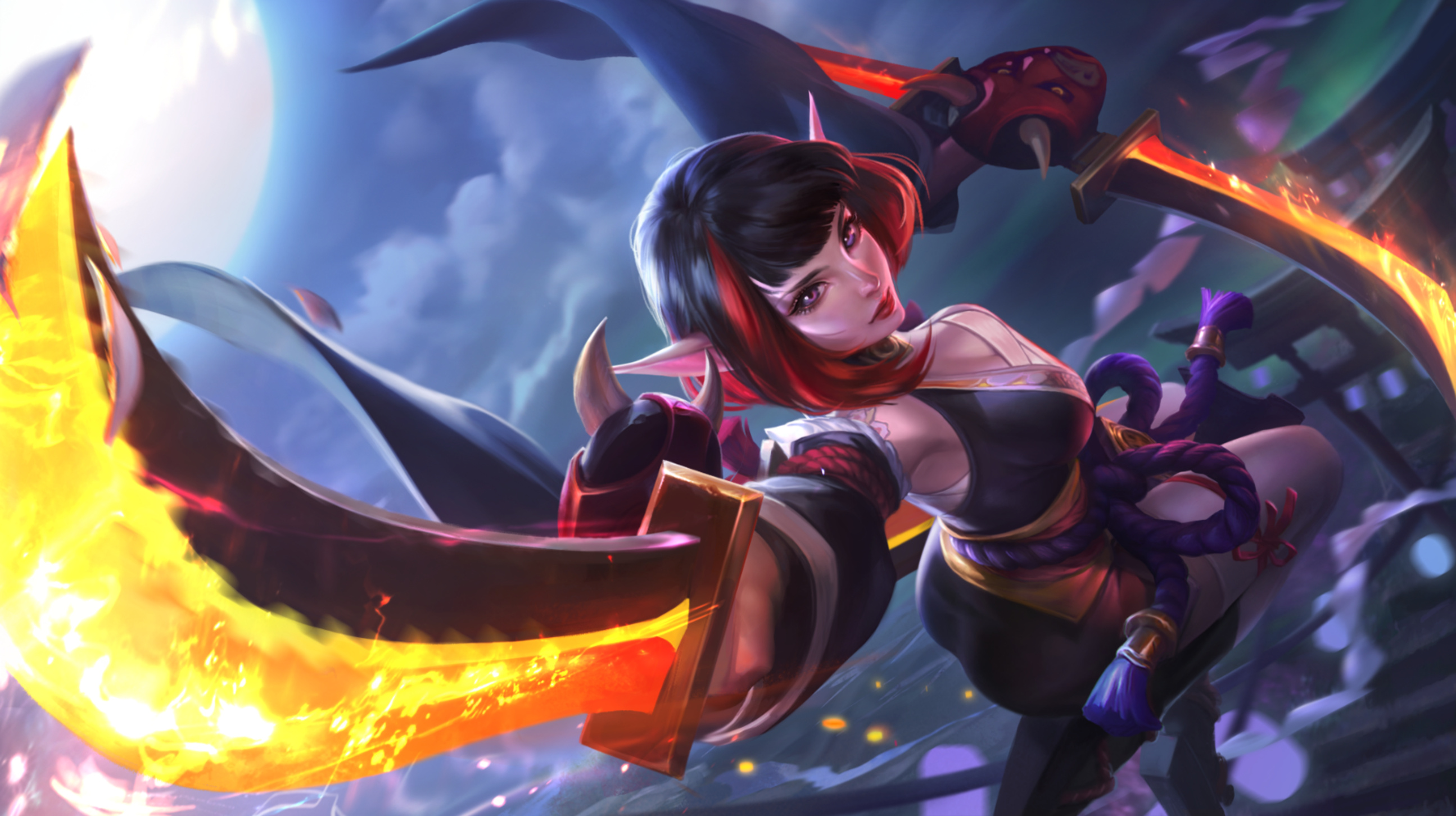 Karina Spider Lily, dual flaming swords, full moon night, HD Desktop wallpaper