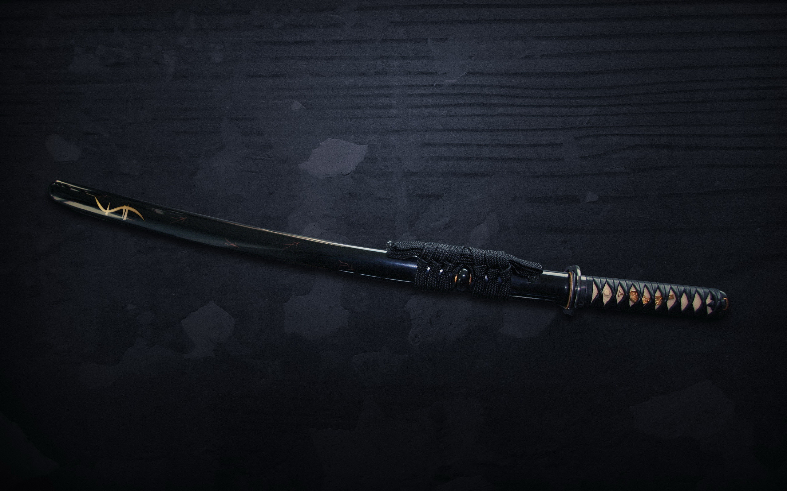 Sheathed black katana, Braided tsuka handle, Dark textured surface, HD Desktop wallpaper