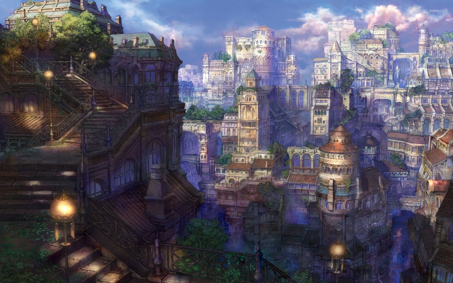 fantasy anime cityscape, glowing spherical street lamps, ornate stone staircase, HD Desktop wallpaper