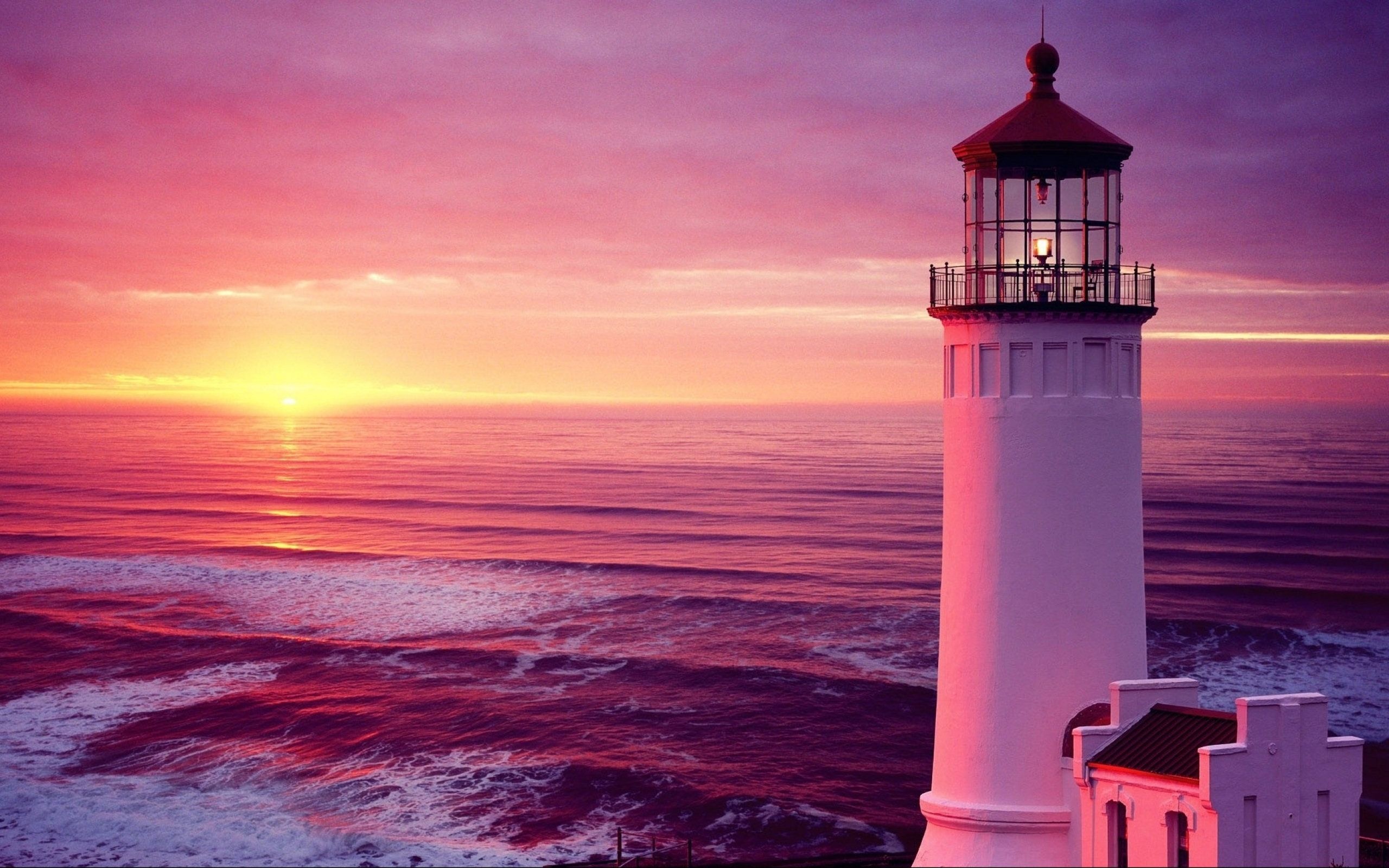 North Head Lighthouse, Pacific Ocean sunset, Pink twilight sky, HD Desktop wallpaper