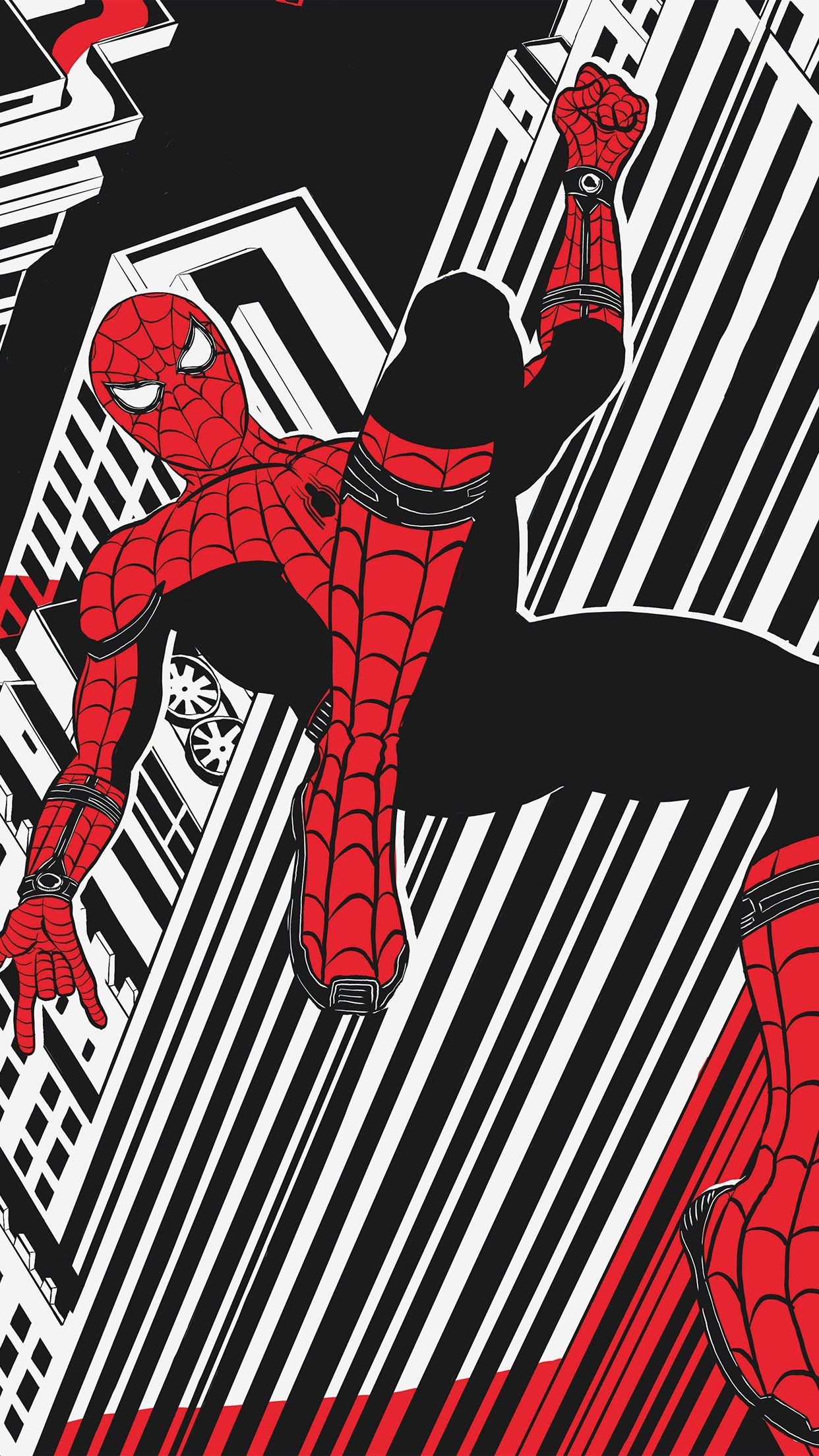 Spider-Man Upgraded Suit, stylized city skyscrapers, comic book line art, HD Phone wallpaper