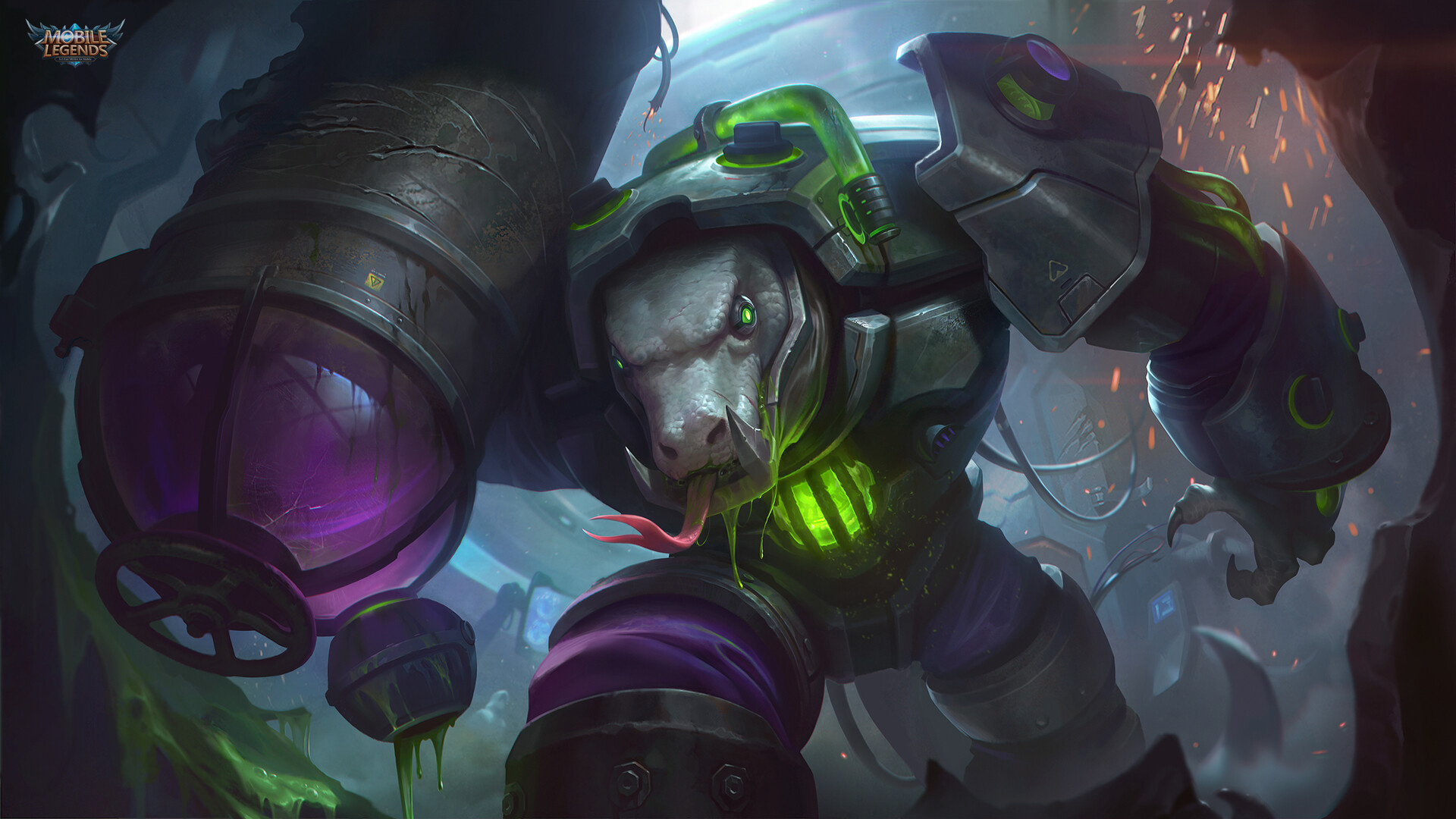 Grock V.E.N.O.M. Monitor Lizard, Mobile Legends: Bang Bang logo, toxic chemical canister, Full HD Desktop wallpaper