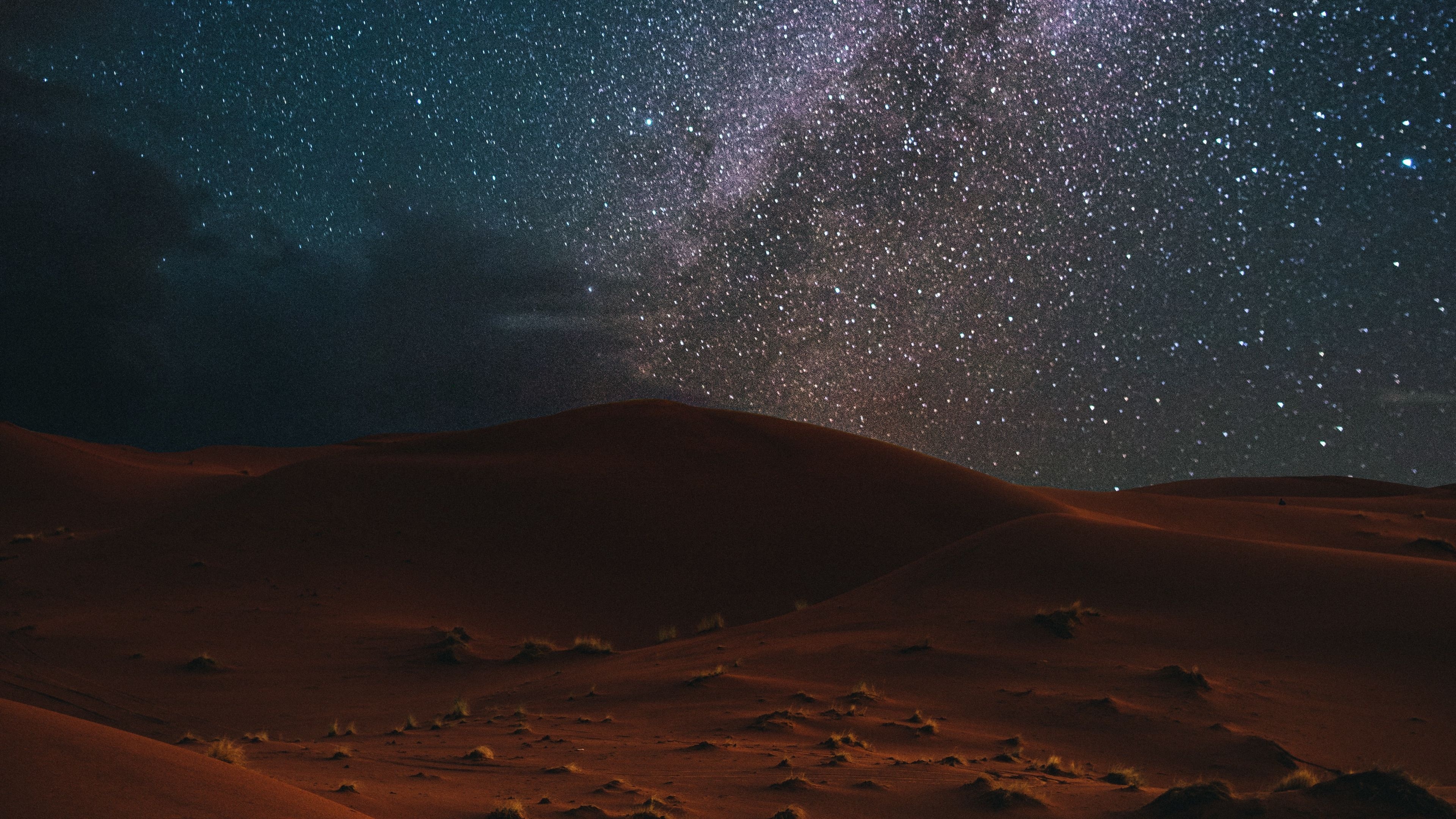 Milky Way night sky, red desert sand dunes, sparse desert vegetation, 4K Desktop wallpaper