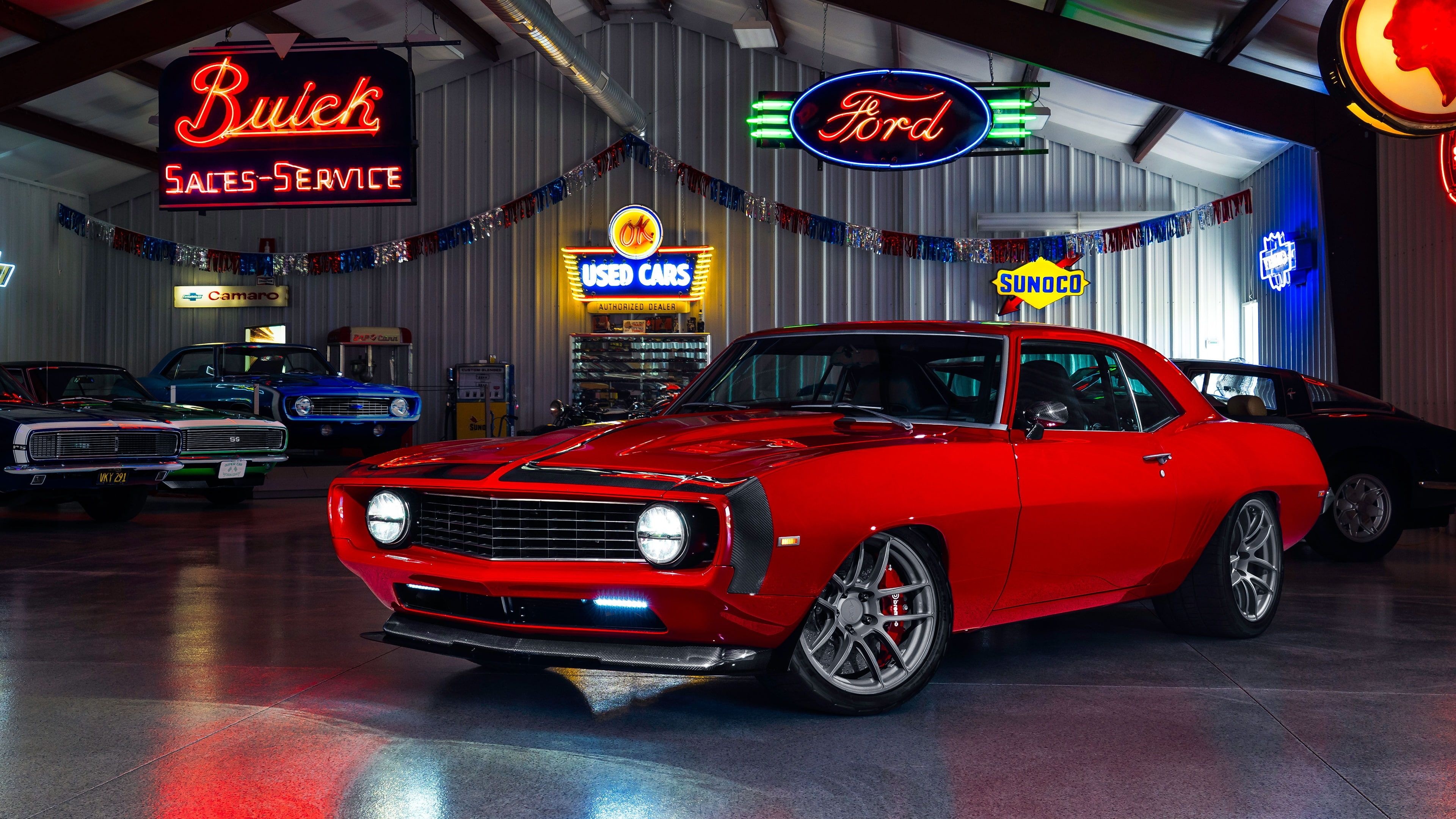 1969 Chevrolet Camaro restomod, Buick Sales-Service neon sign, vintage car showroom, 4K Desktop wallpaper
