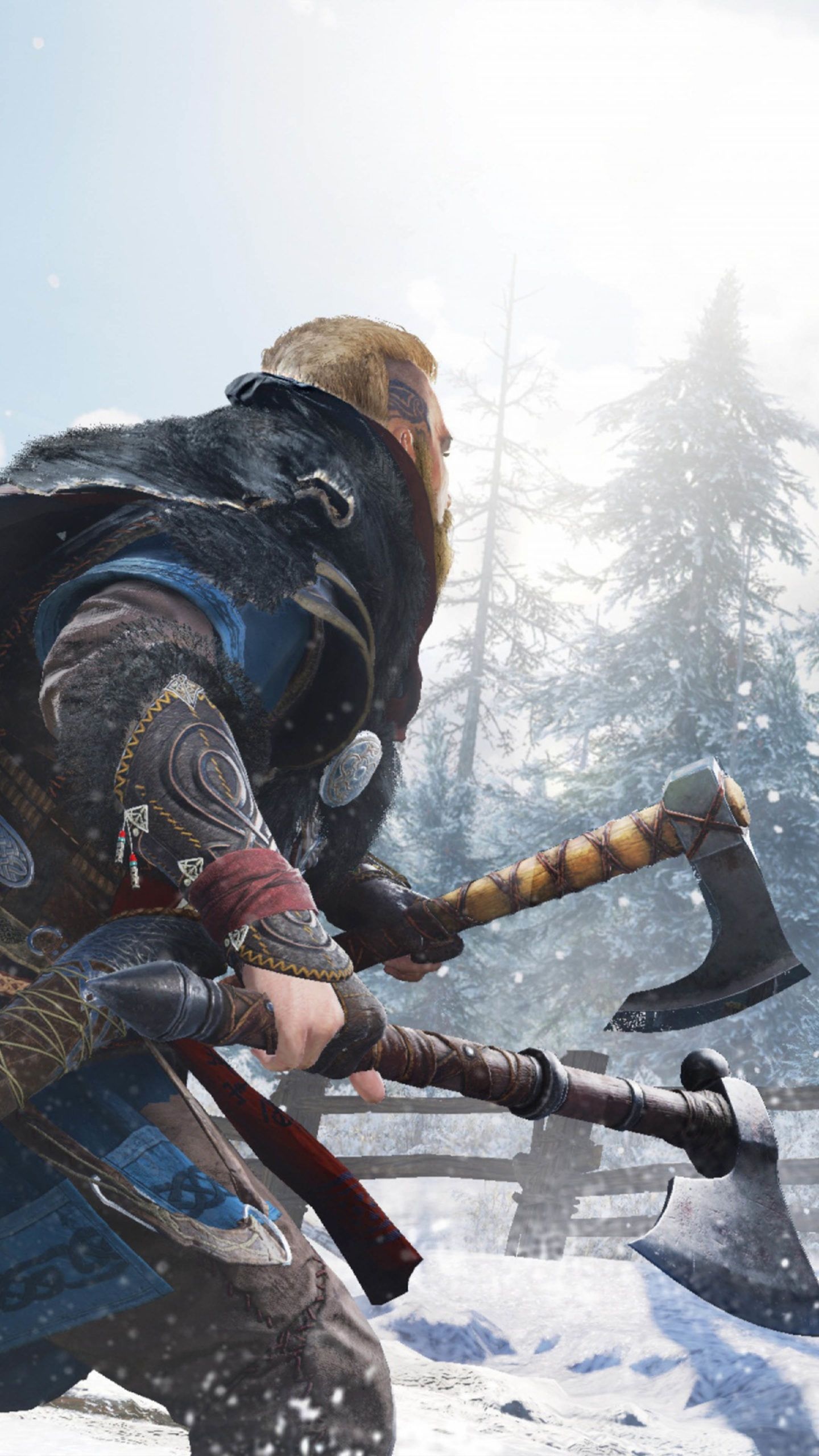 Eivor in Assassin's Creed Valhalla, Dual Viking battle axes, Snowy pine forest, HD Phone wallpaper