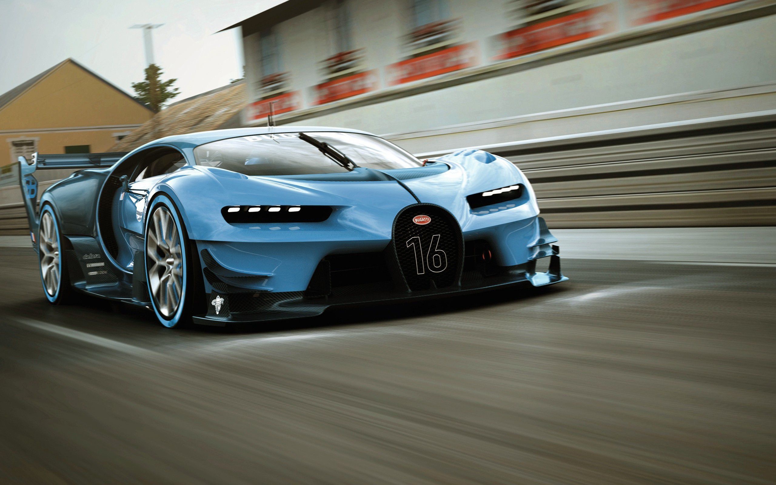 Bugatti Vision Gran Turismo, number 16 horseshoe grille, race track motion blur, HD Desktop wallpaper