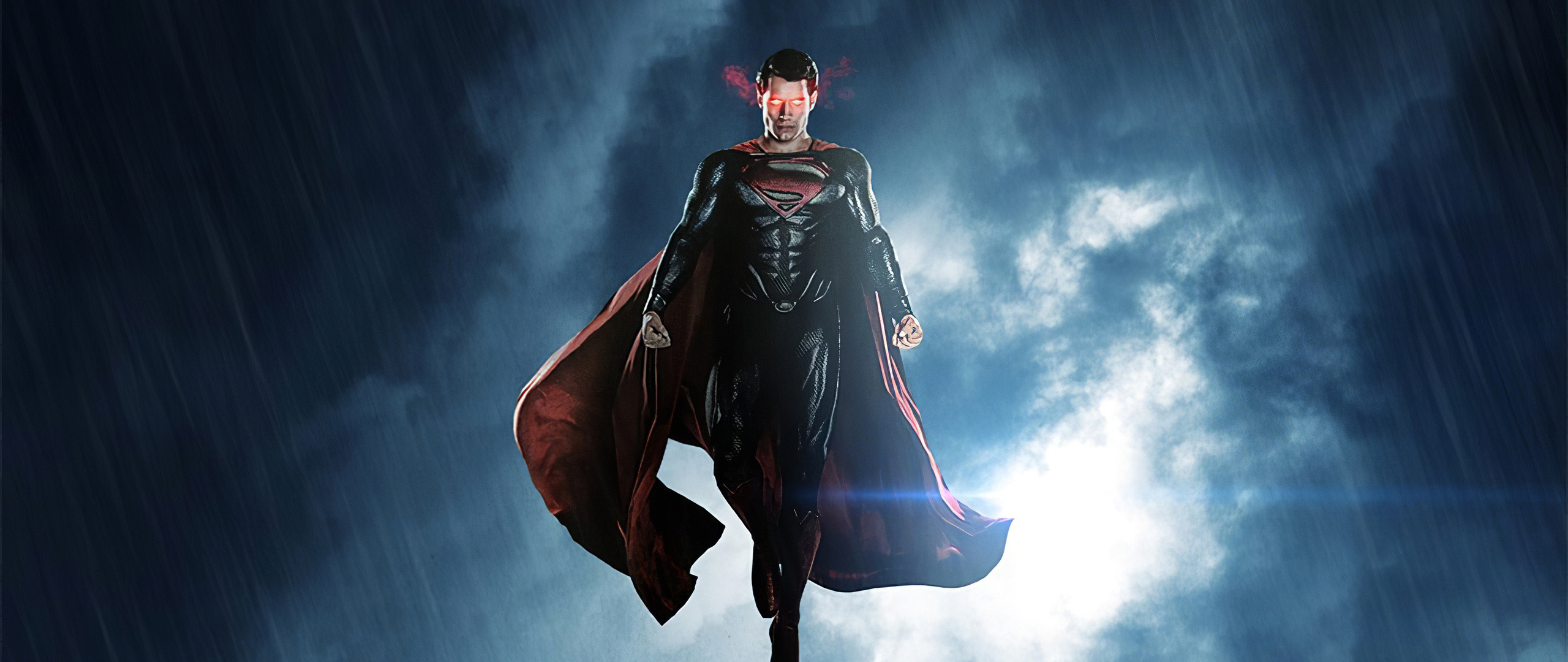 Henry Cavill as Superman, Glowing red heat vision, Rainy stormy sky, Dual Screen Desktop wallpaper