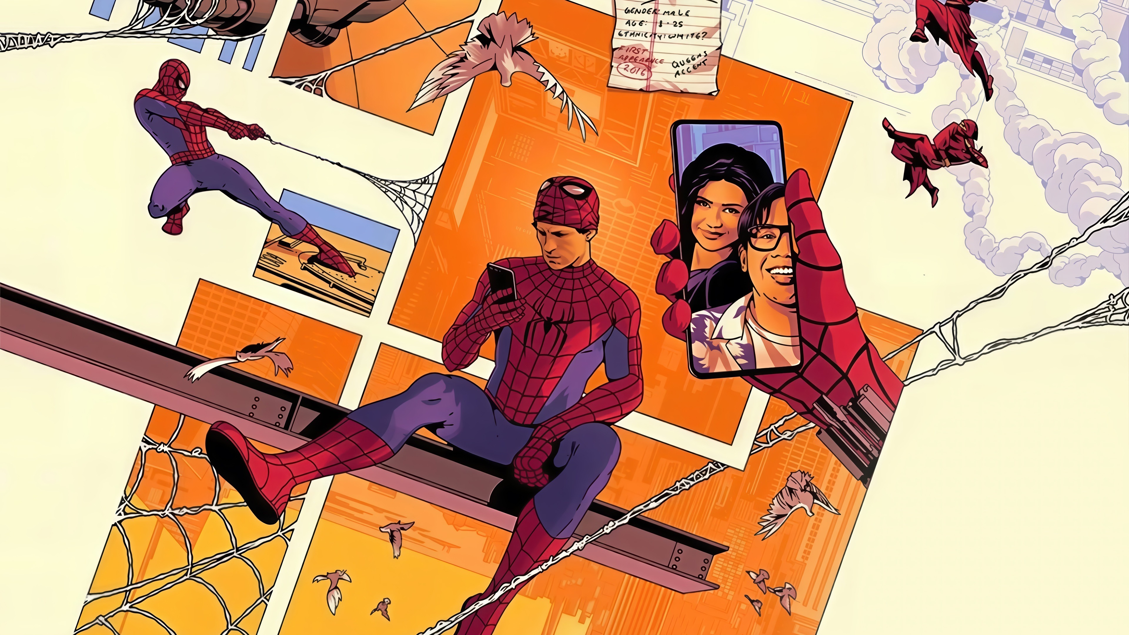 No Way Home, Ned Leeds, MJ, Looking at smartphone, Orange comic panel background, 4K Desktop wallpaper