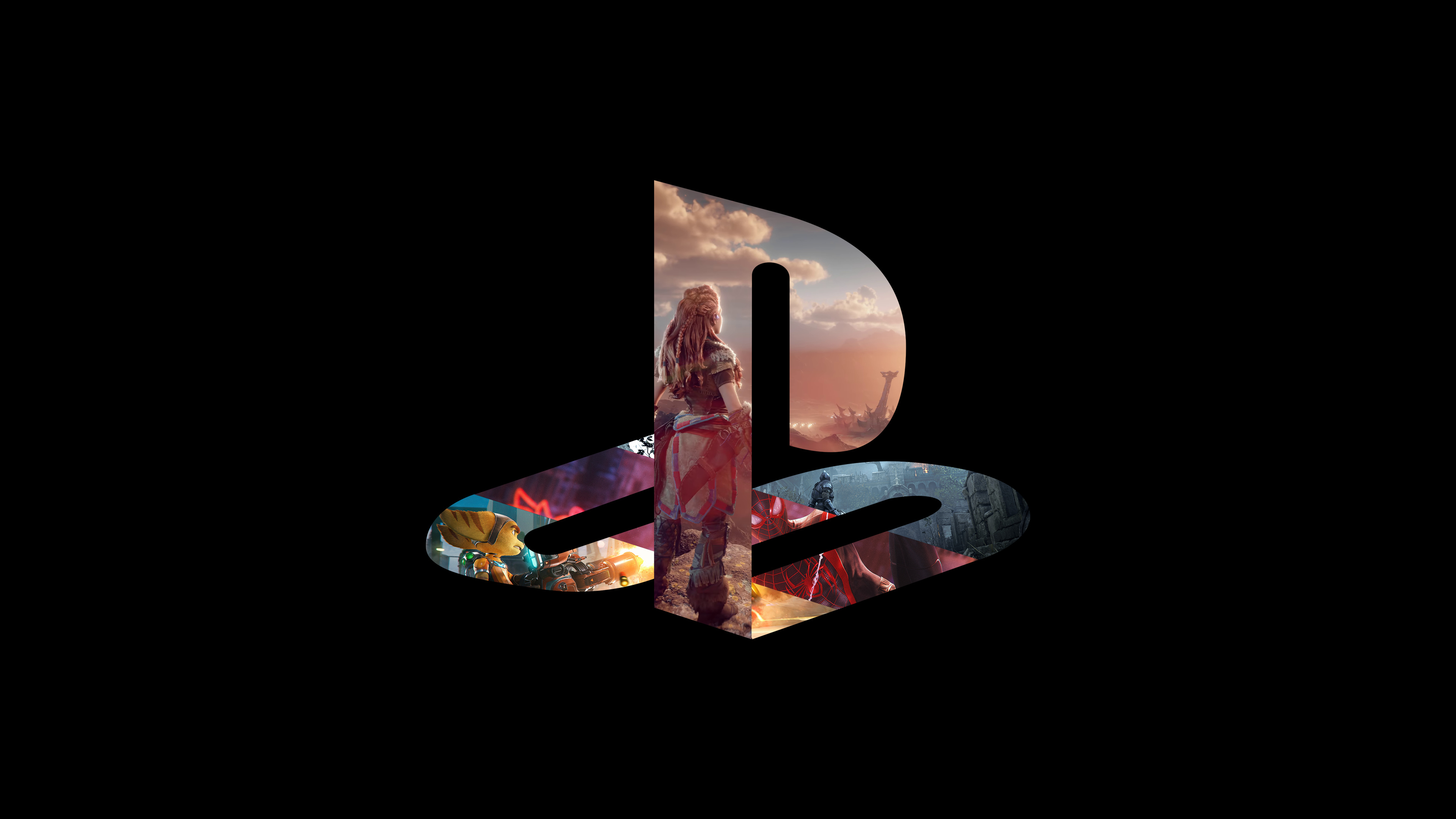 PlayStation logo, Aloy Horizon Forbidden West, Ratchet and Clank, Miles Morales Spider-Man, Demon's Souls, 4K Desktop wallpaper