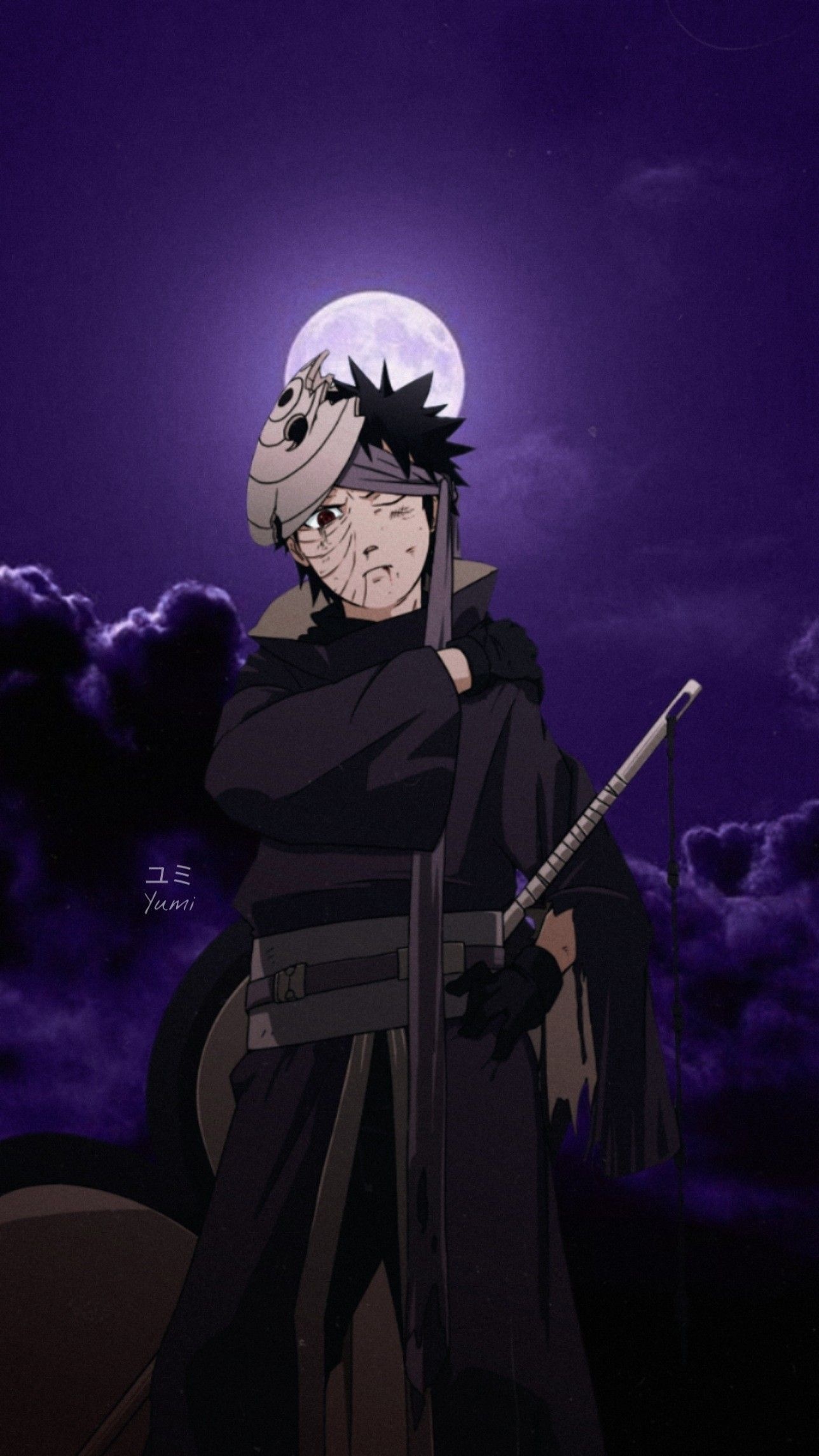 Obito Uchiha, broken Rinnegan war mask, full moon purple sky, HD Phone wallpaper