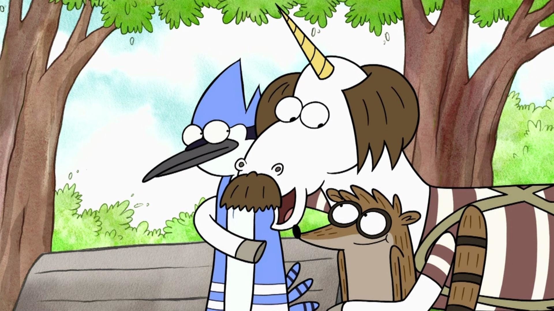 White unicorn noogieing Mordecai, Mordecai blue jay, Rigby raccoon, Regular Show, Full HD Desktop wallpaper