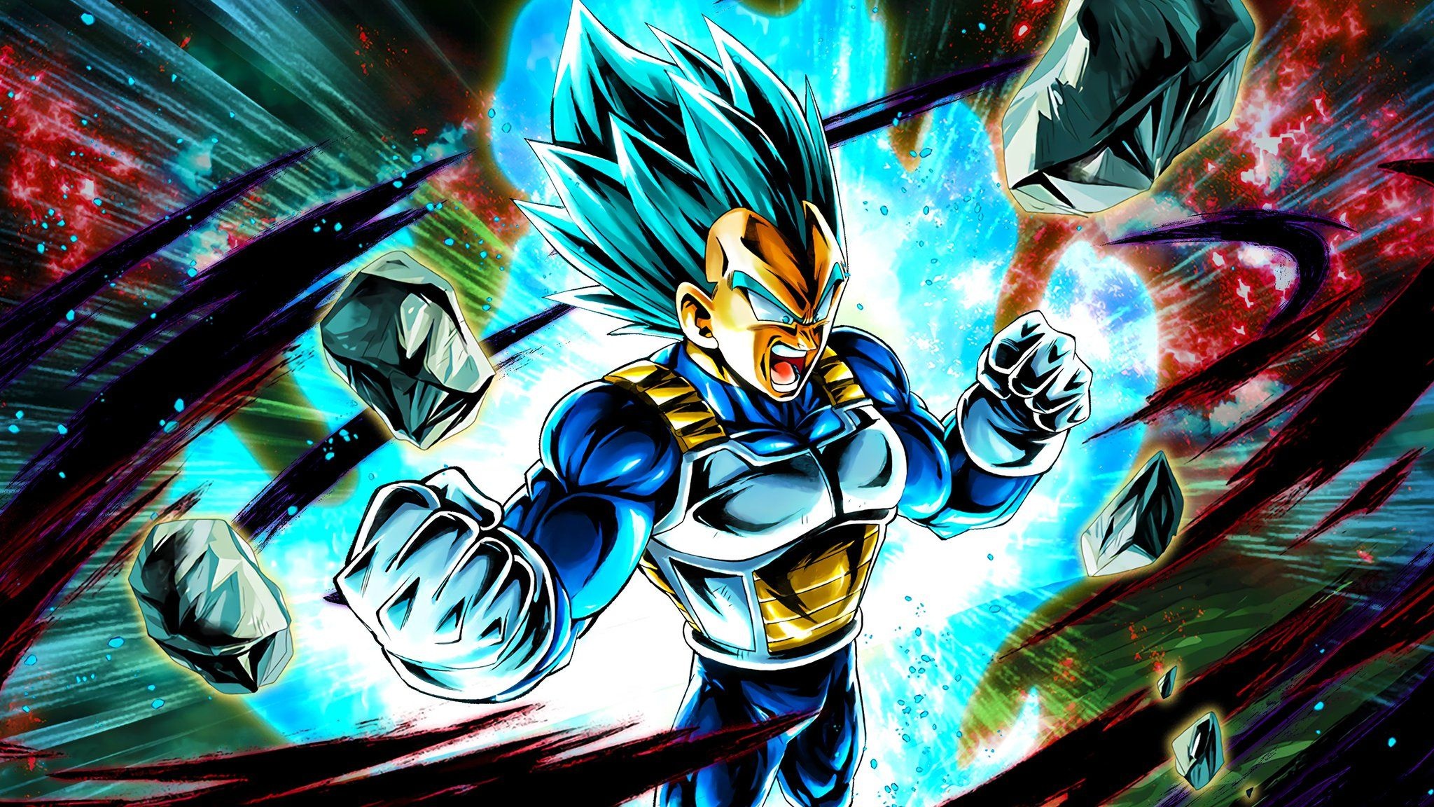 Super Saiyan Blue Vegeta, blue ki aura, floating rock debris, HD Desktop wallpaper