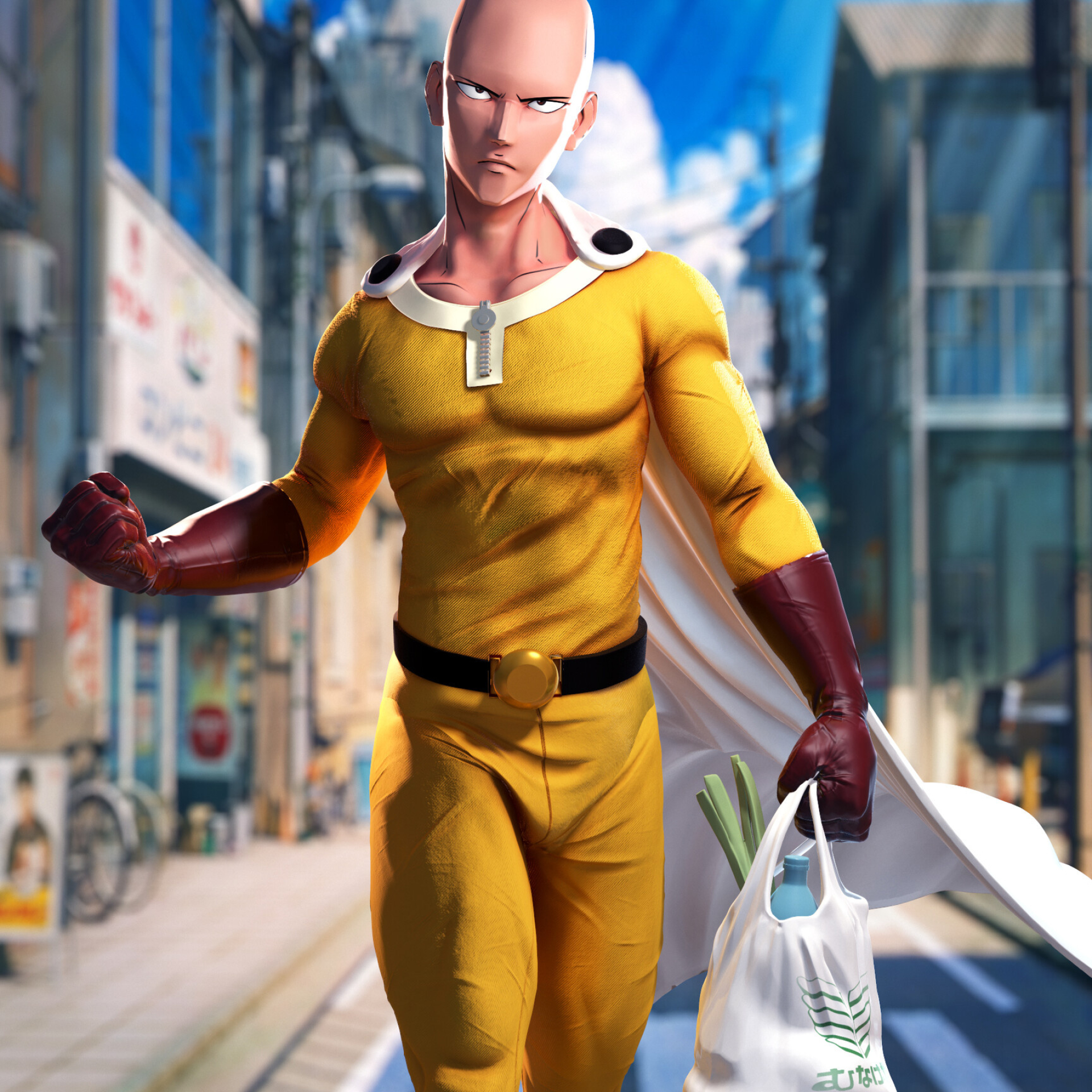 Saitama One-Punch Man, Plastic grocery shopping bag, Sunny Japanese street, HD Phone wallpaper