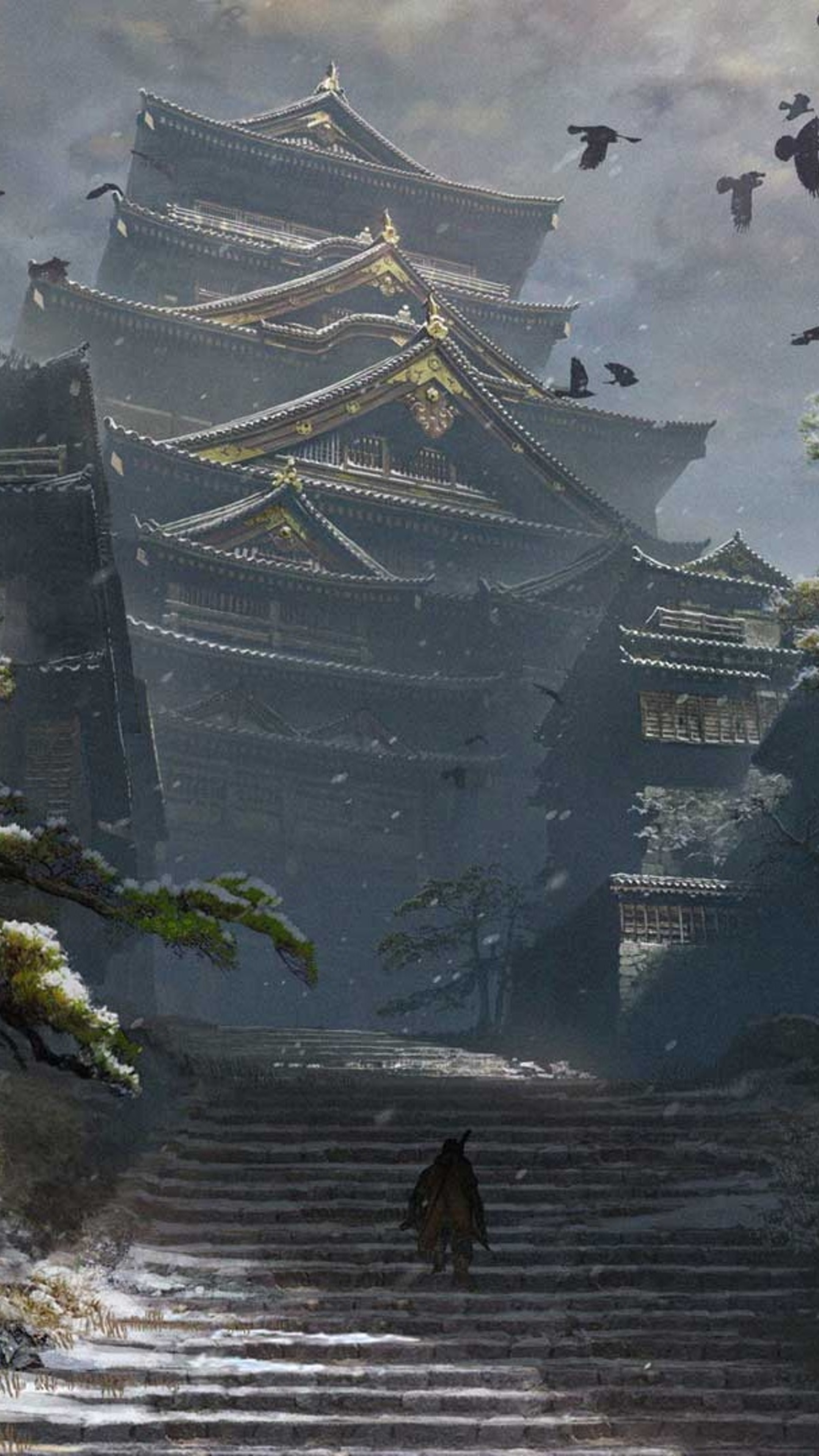 Ashina Castle, Wolf Sekiro, snowy stone stairway, 4K Phone wallpaper