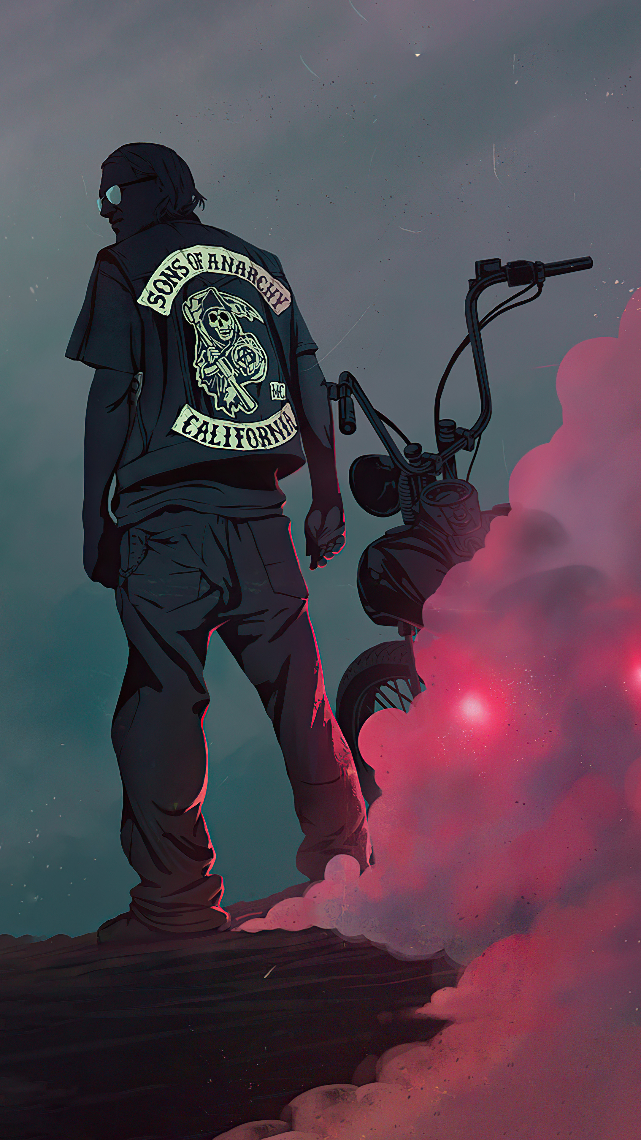Sons of Anarchy Reaper vest, Custom ape hanger motorcycle, Glowing pink smoke cloud, 4K Phone wallpaper