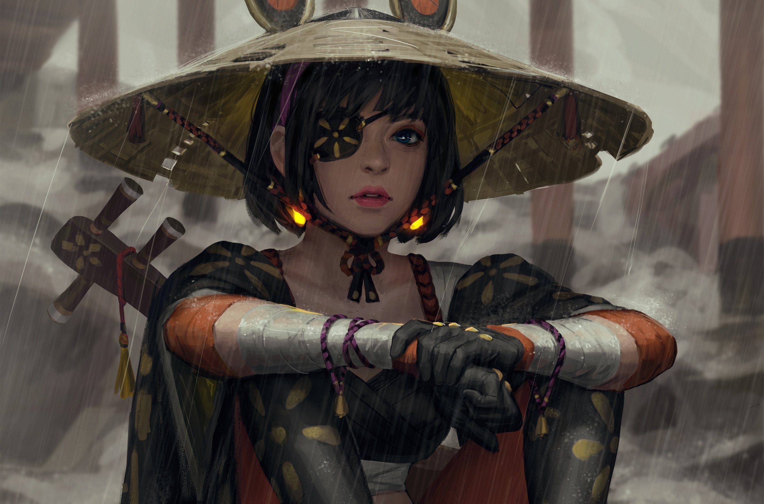Eyepatched female samurai warrior, Woven conical sugegasa hat, Rainy Japanese shrine background, HD Desktop wallpaper