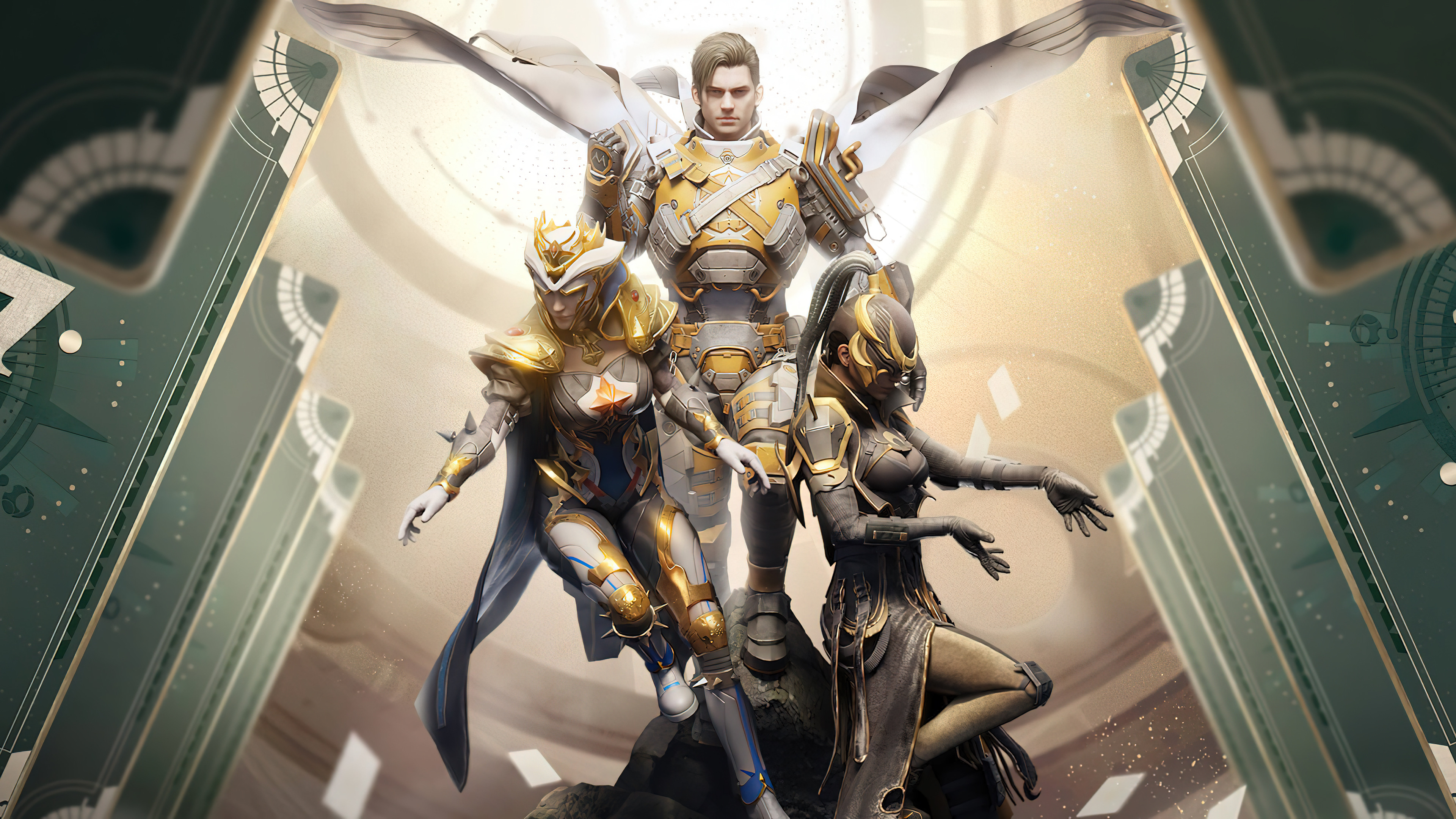 PUBG Mobile, white and gold armor, futuristic warrior trio, 4K Desktop wallpaper