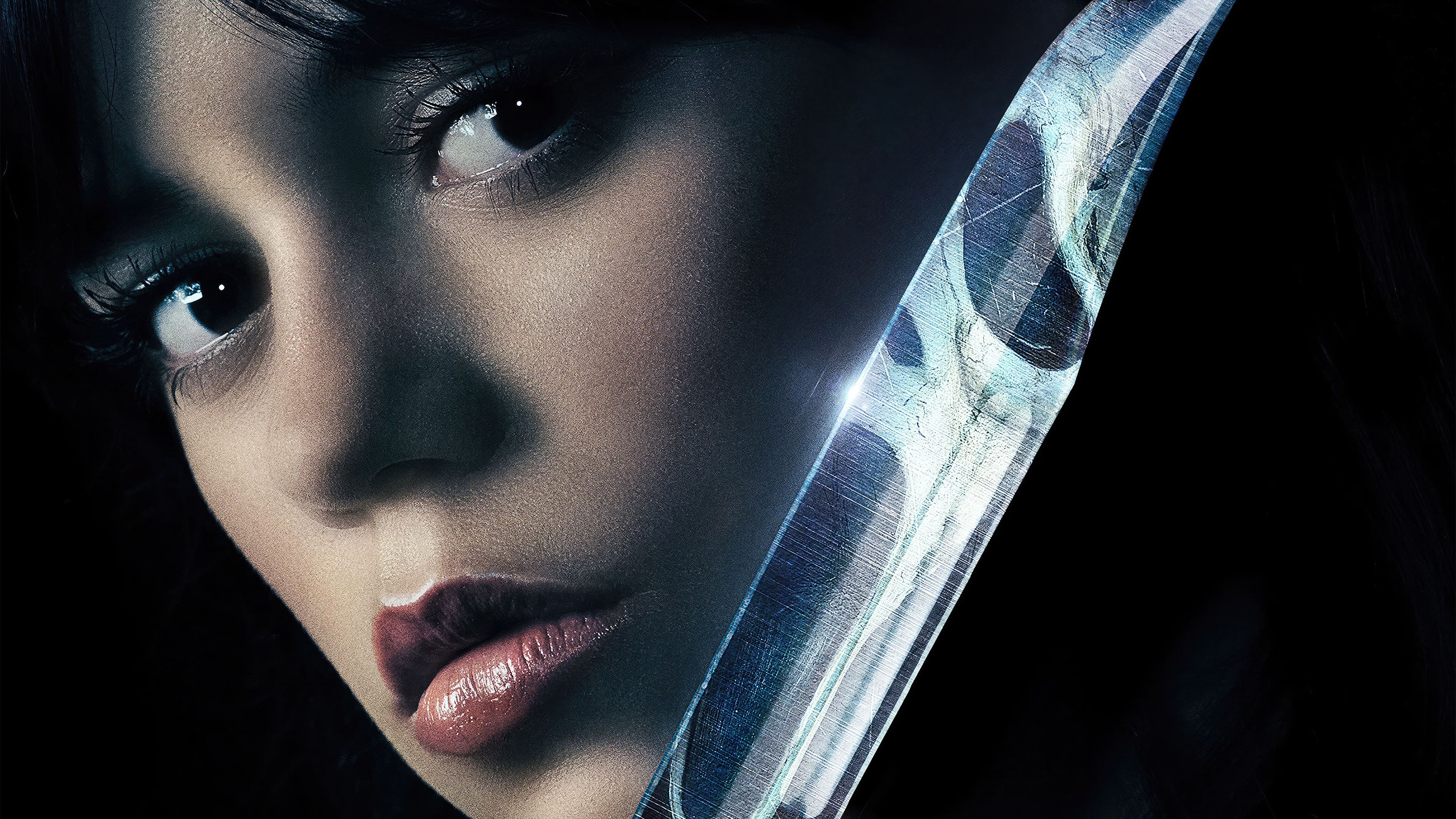 Jenna Ortega, Ghostface reflection, hunting knife blade, 4K Desktop wallpaper