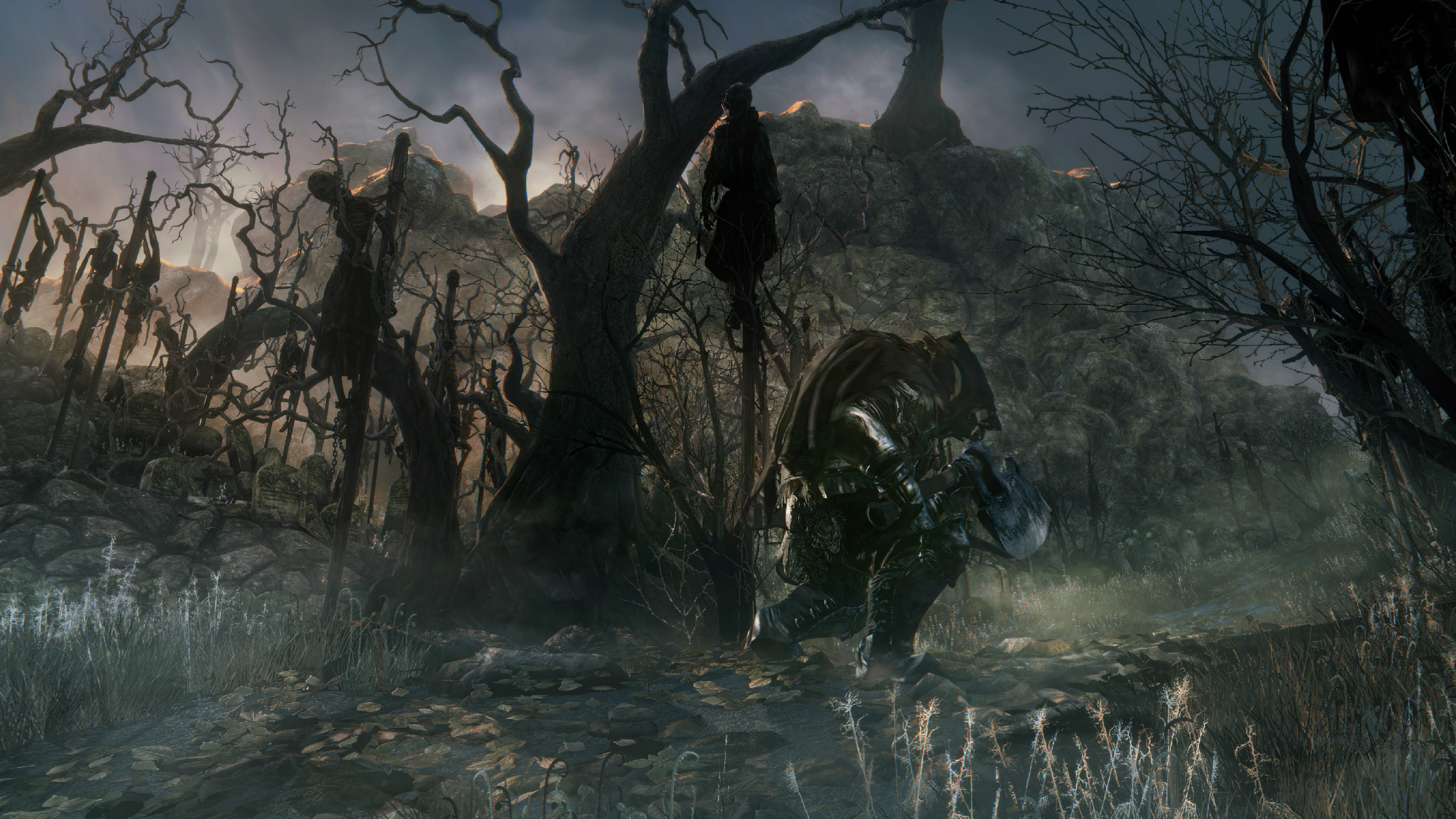 Hemwick Charnel Lane, axe-wielding hooded huntsman, corpses bound to stakes, 4K Desktop wallpaper