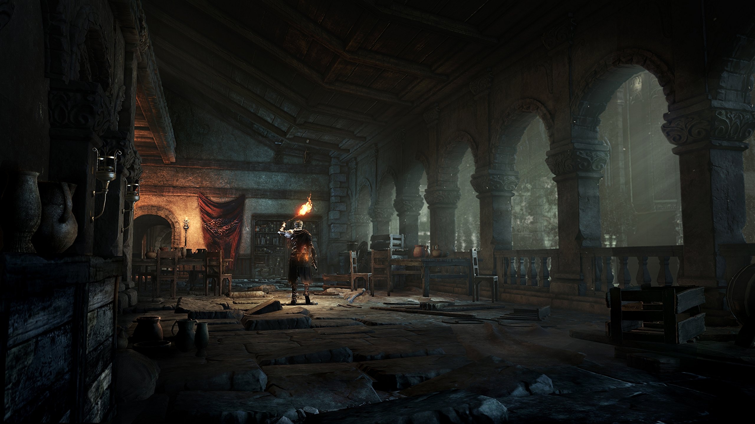 Dark Souls III Ashen One, stone archway colonnade, raised flaming torch, HD Desktop wallpaper