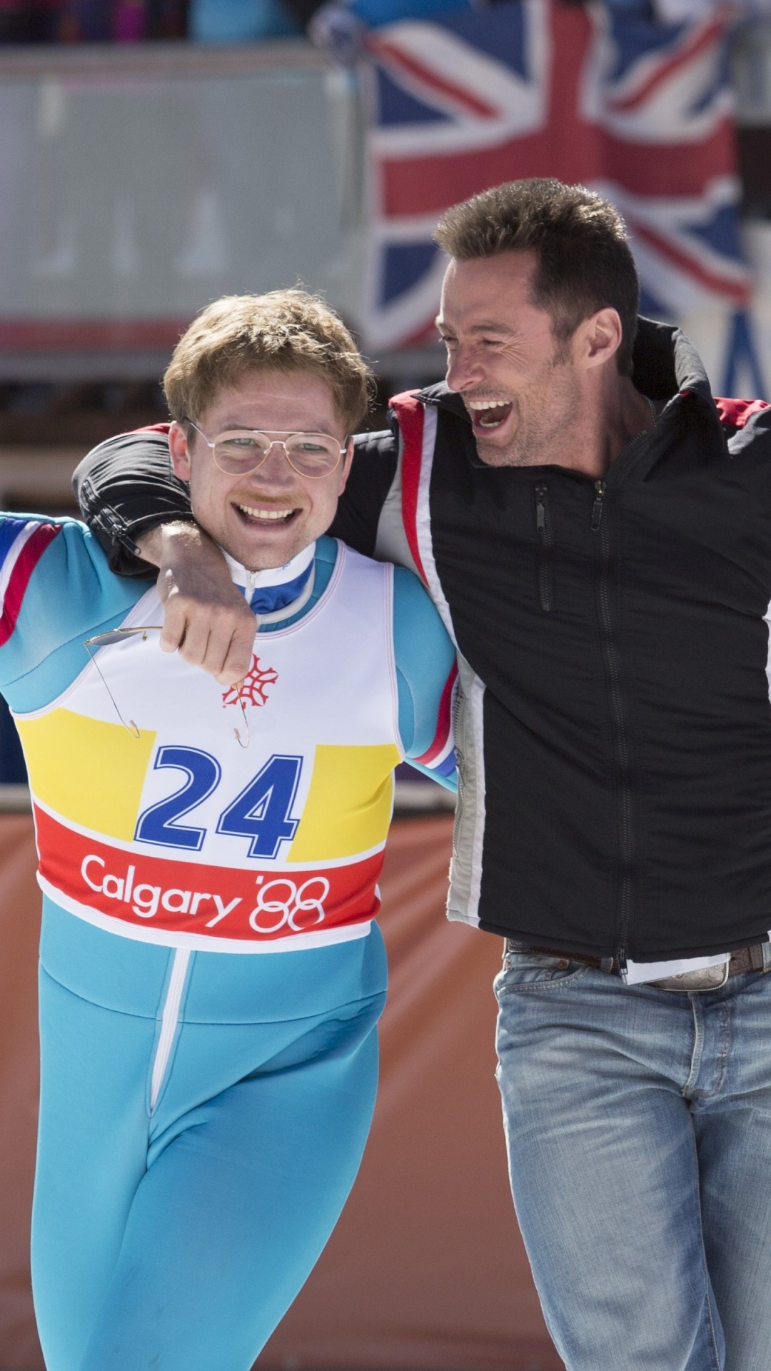 Eddie the Eagle, Taron Egerton, Hugh Jackman, Inspiring sports biopic, 1080x1920 Full HD Phone