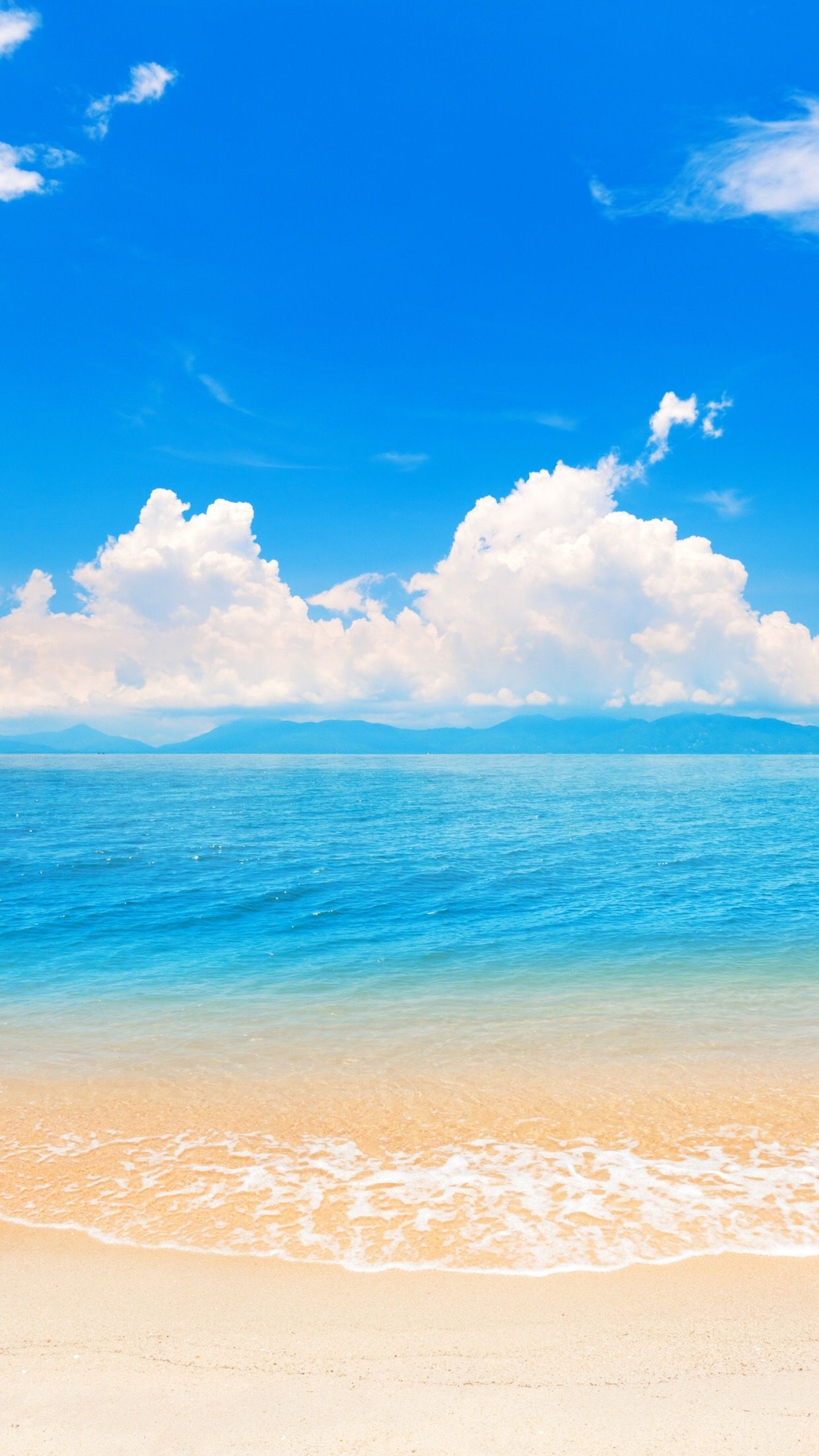 white sand beach shoreline, turquoise tropical ocean, cumulus clouds over mountains, HD Phone wallpaper
