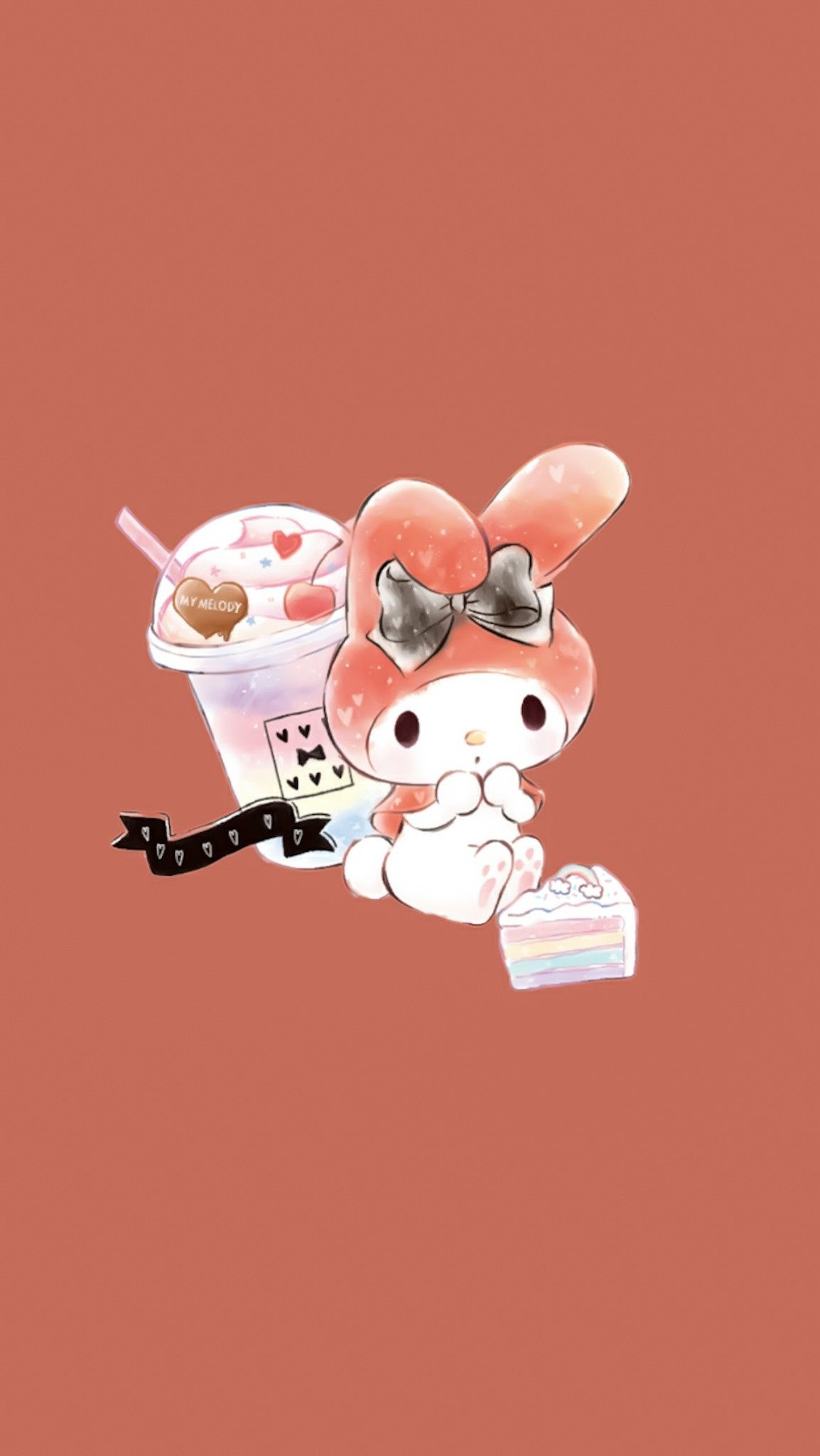 My Melody, iced frappe with whipped cream, pastel rainbow cake slice, HD Phone wallpaper