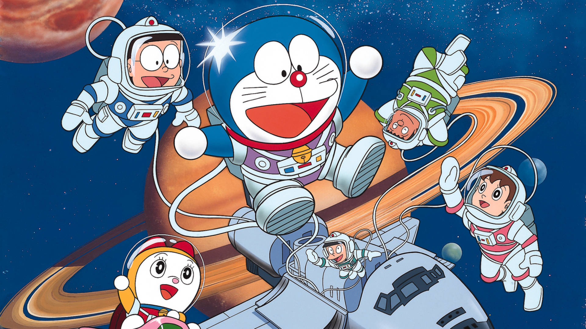 Doraemon in spacesuit, Nobita Nobi, Dorami, Shizuka Minamoto, ringed planet outer space, Full HD Desktop wallpaper