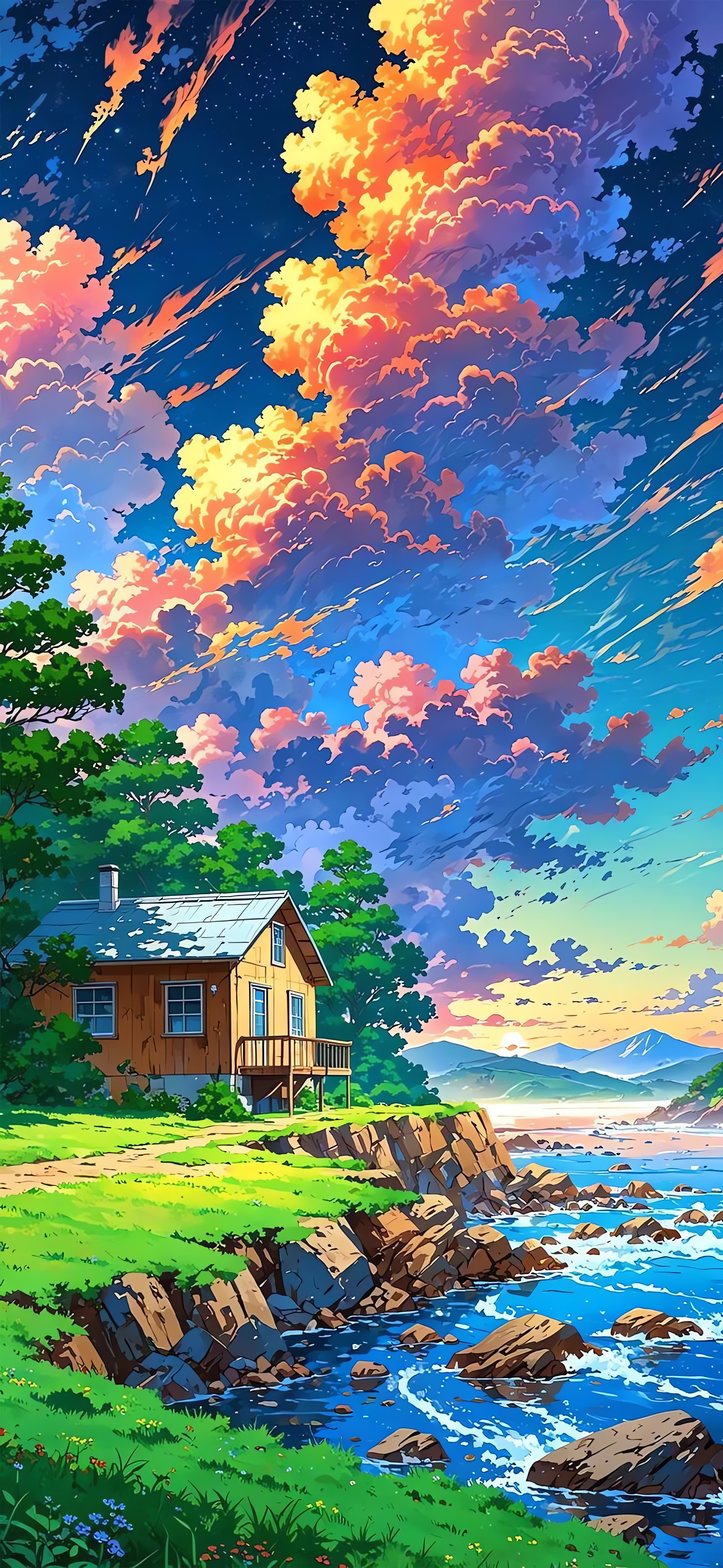 River View Cottage, Sunset Clouds, Wooden House, Mountains, HD Phone Background