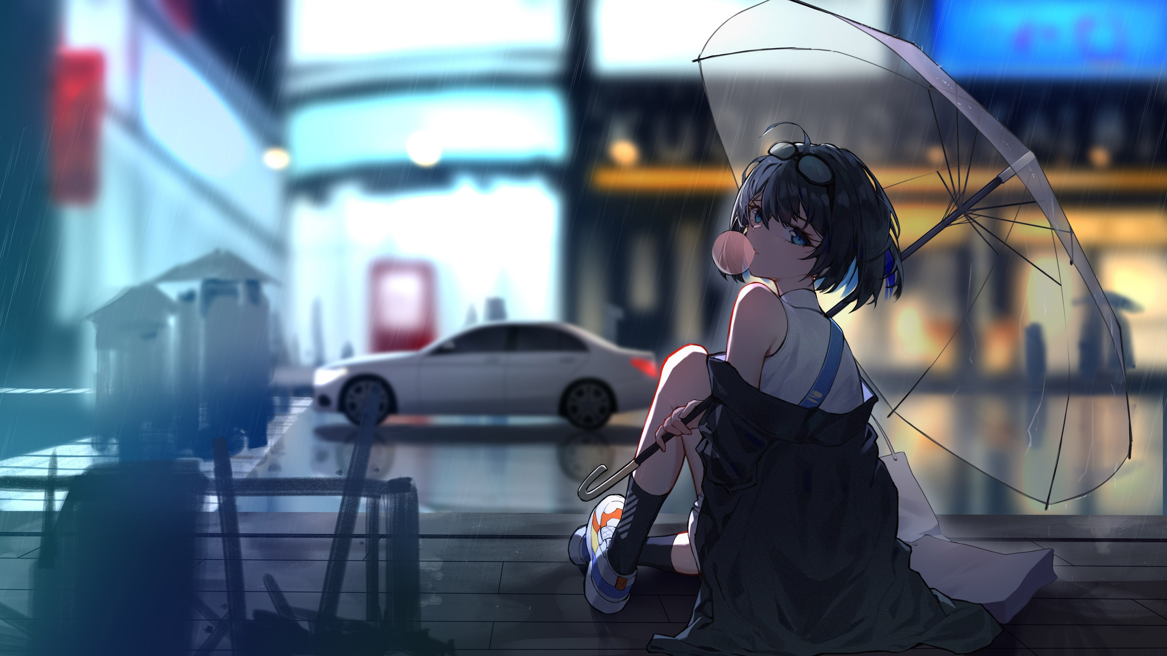 Raining street with bubble gum, Unique and creative, Transparent umbrella charm, Whimsical wallpaper, 3840x2160 4K Desktop