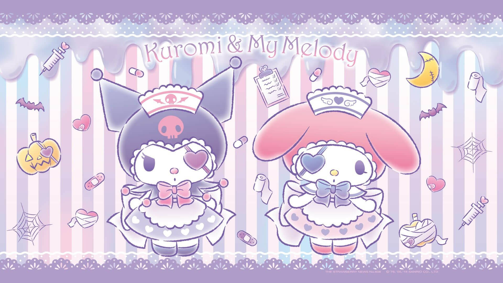 My Melody, Kuromi, Kuromi & My Melody text, Pastel nurse aesthetic, Full HD Desktop wallpaper
