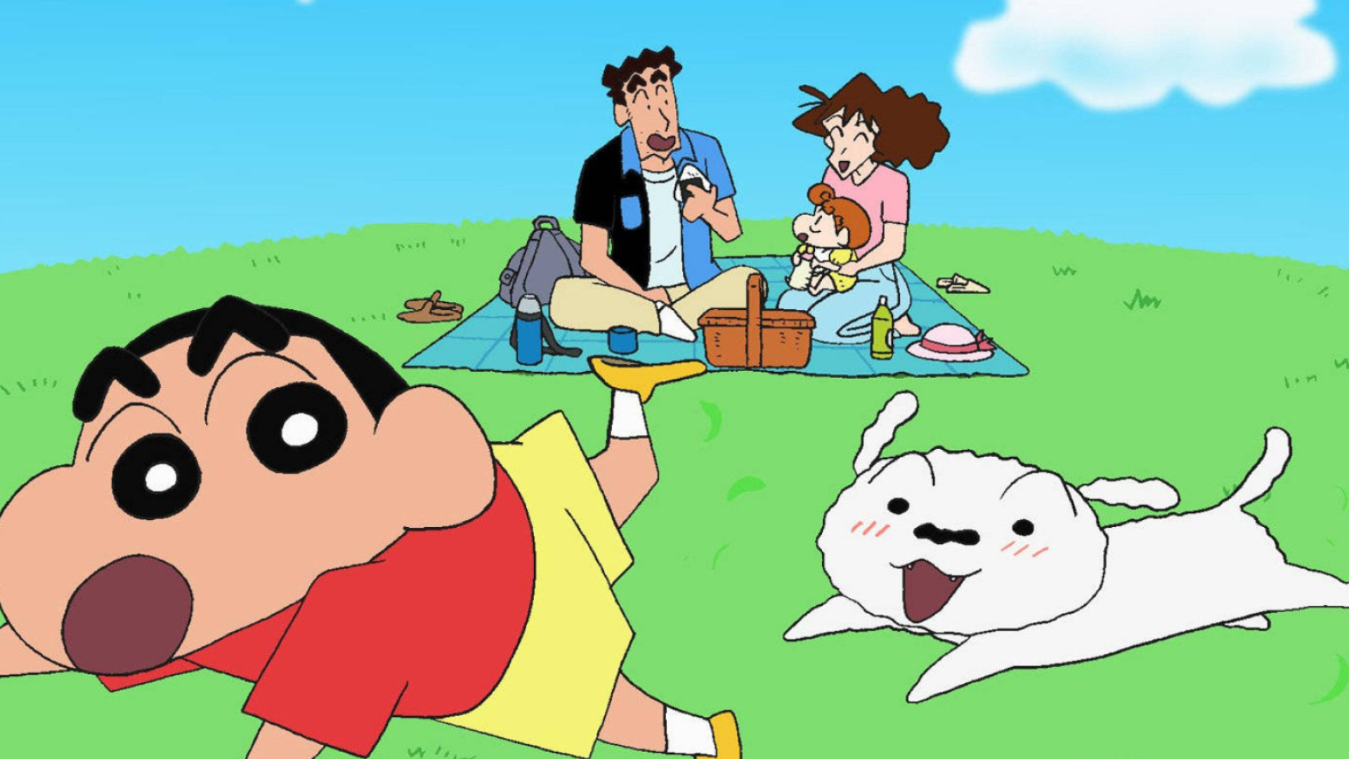 Shinnosuke Nohara, Shiro, Nohara family picnic, Himawari Nohara, Full HD Desktop wallpaper