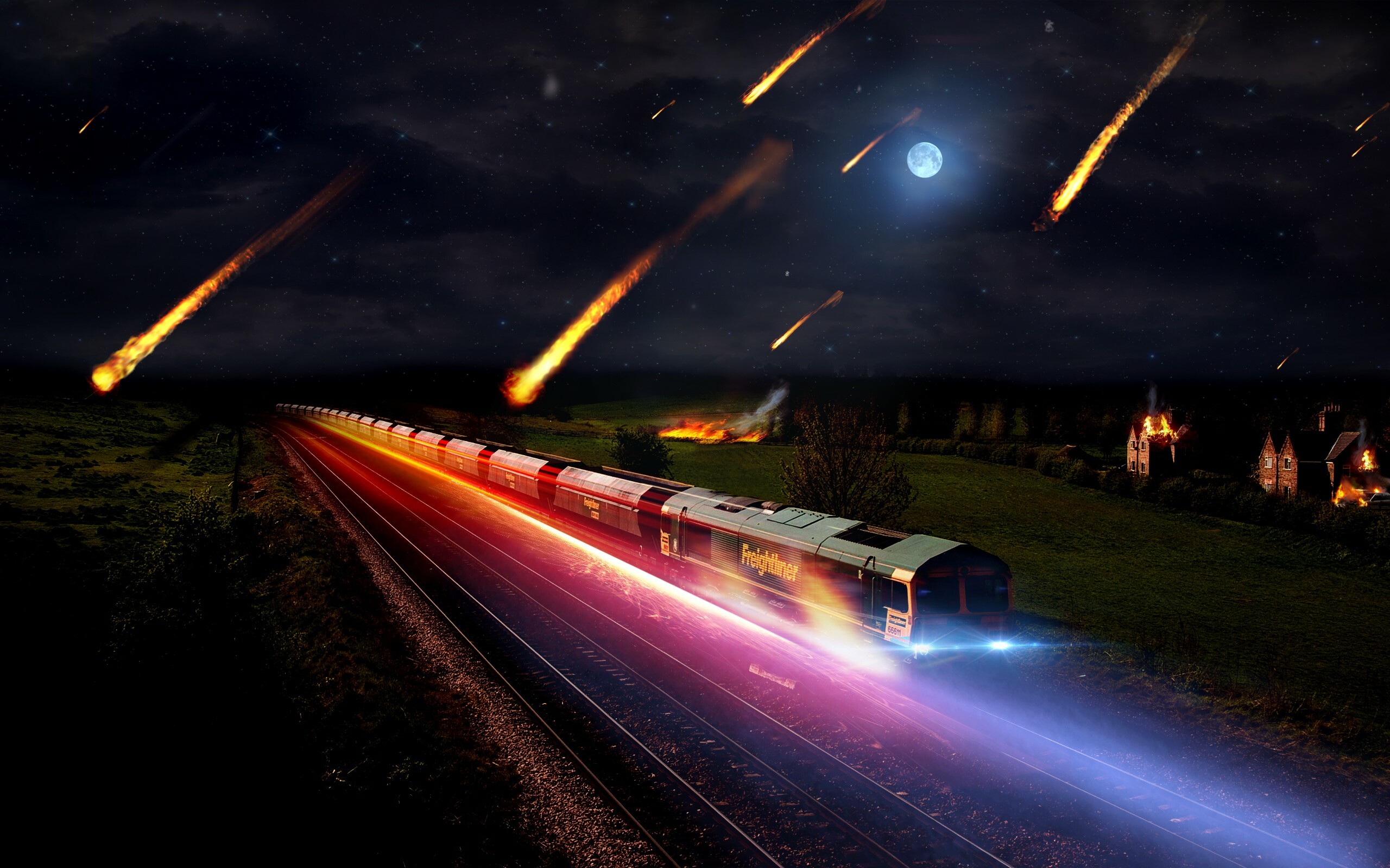 Night landscapes, Fire and speed, Meteoric trains, Cosmic speedart, 2560x1600 HD Desktop