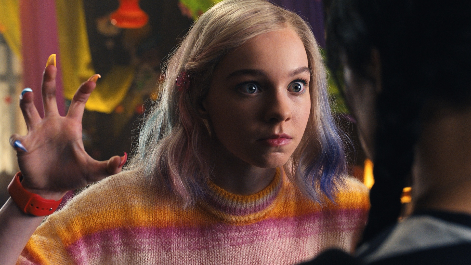 Emma Myers as Enid Sinclair, Rainbow striped mohair sweater, Multicolored painted nails, Full HD Desktop wallpaper