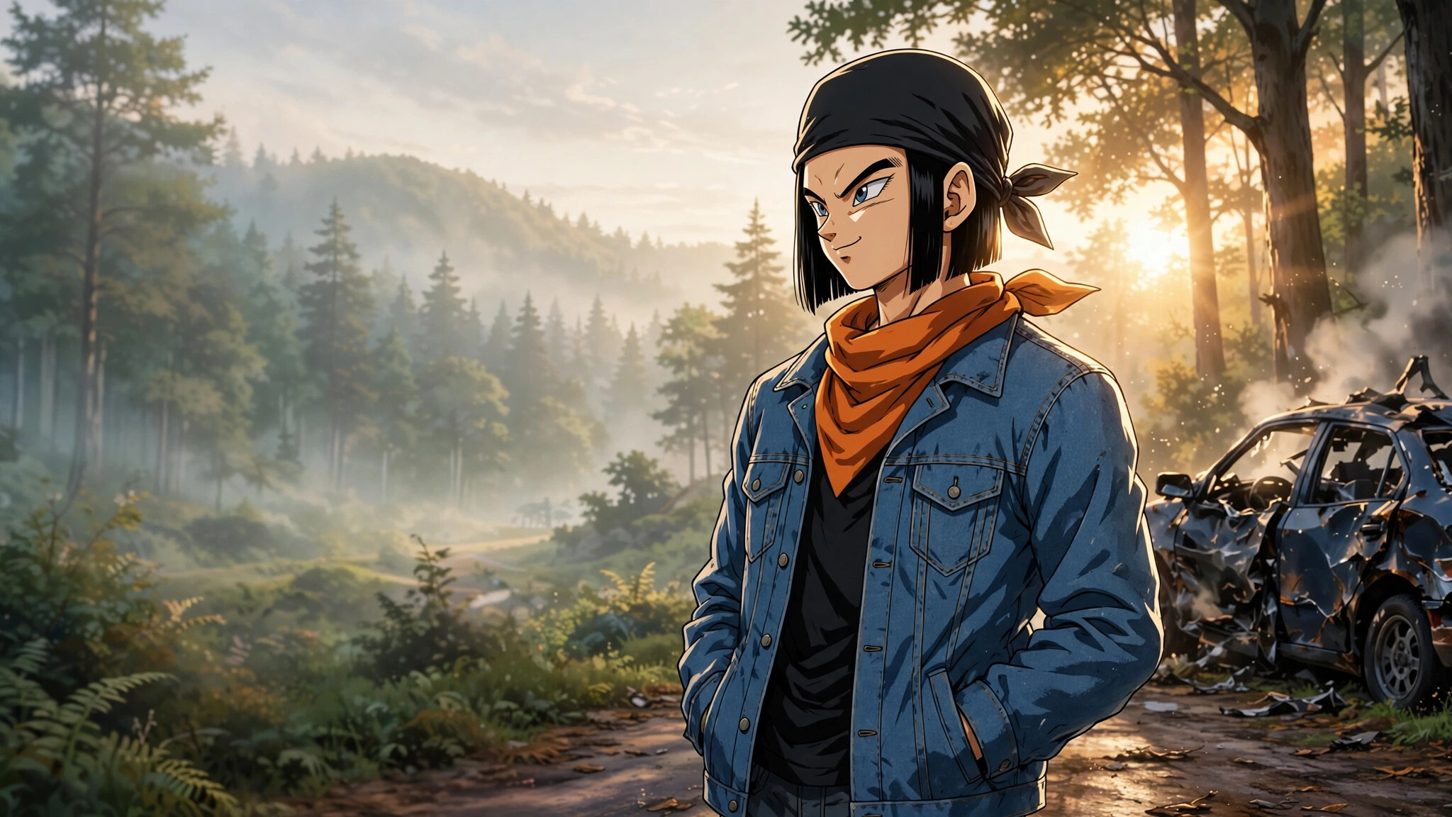 Android 17, Black bandana, Denim jacket, Orange scarf, Forest road, Wrecked car, Dragon Ball Z, HD Desktop wallpaper