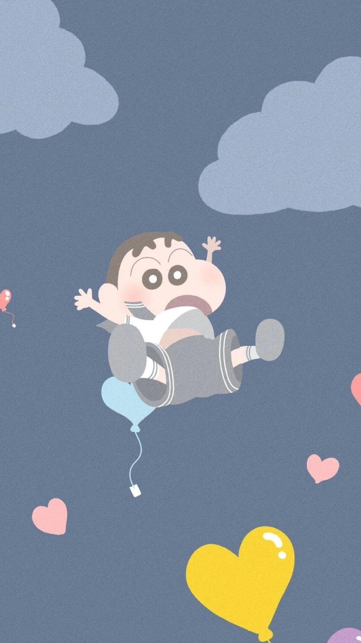 Shinnosuke Nohara, heart-shaped balloons, cartoon clouds, HD Phone wallpaper