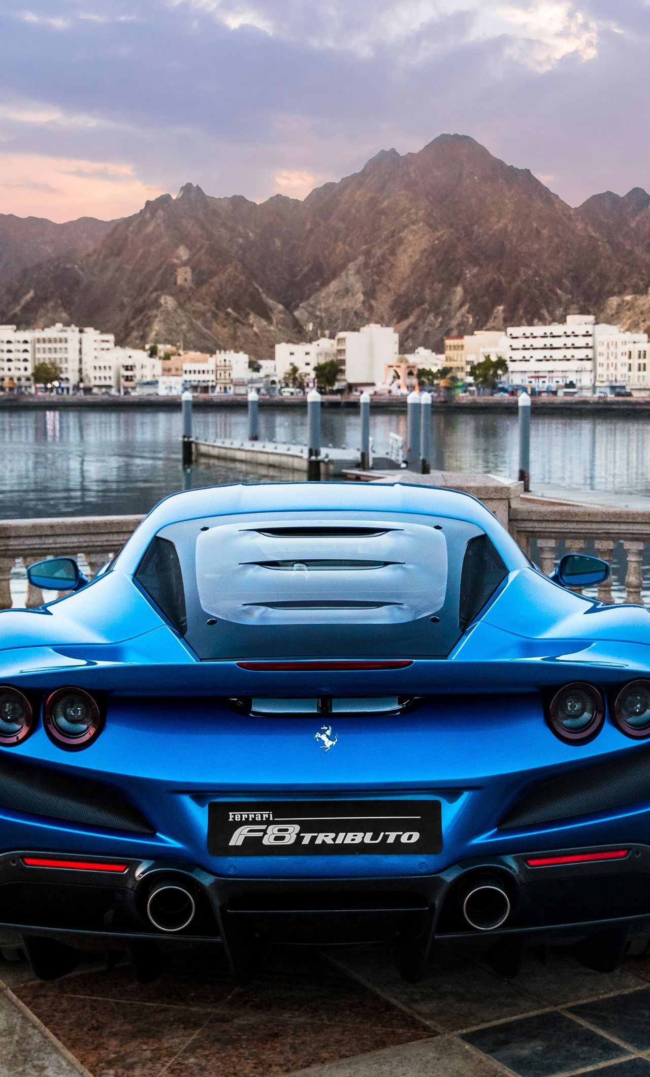 Ferrari F8 Tributo, harbor waterfront promenade, rocky mountain backdrop, HD Phone wallpaper