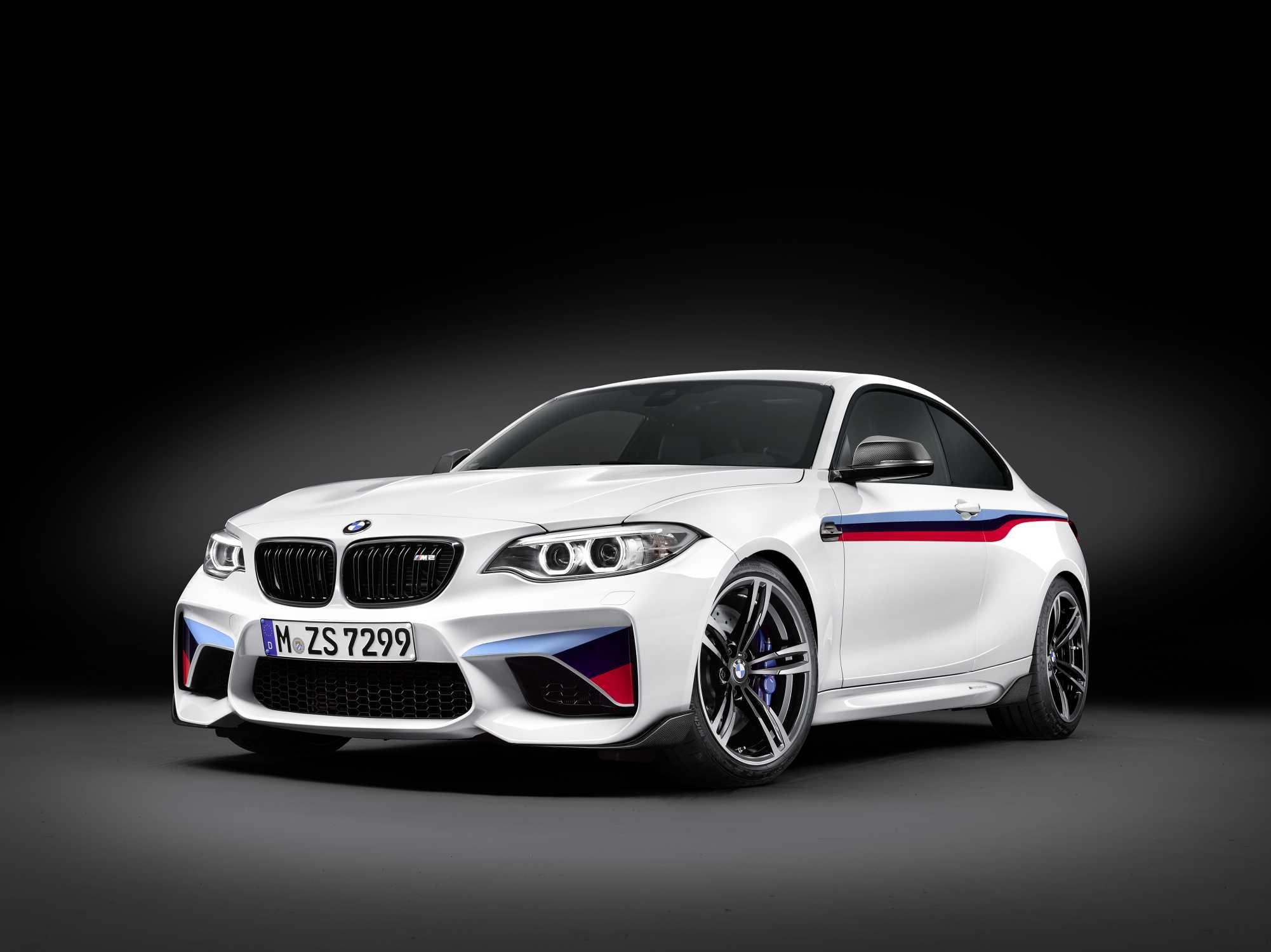 BMW M2 Coupe, BMW M Performance stripes, Dark studio setting, HD Desktop wallpaper