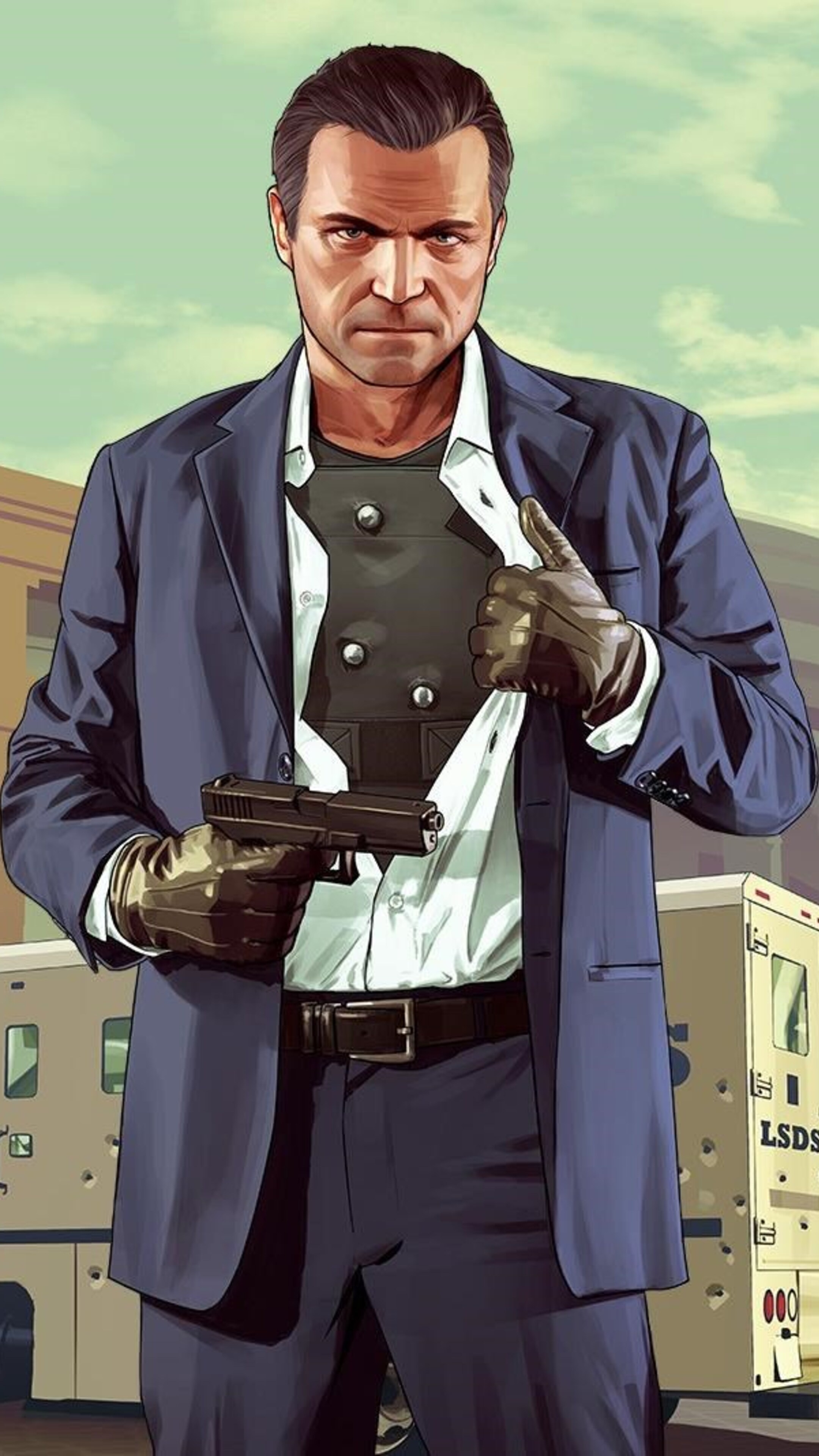 Michael De Santa in blue suit, Handgun and body armor, Armored security trucks, Grand Theft Auto V artwork, 4K Phone wallpaper