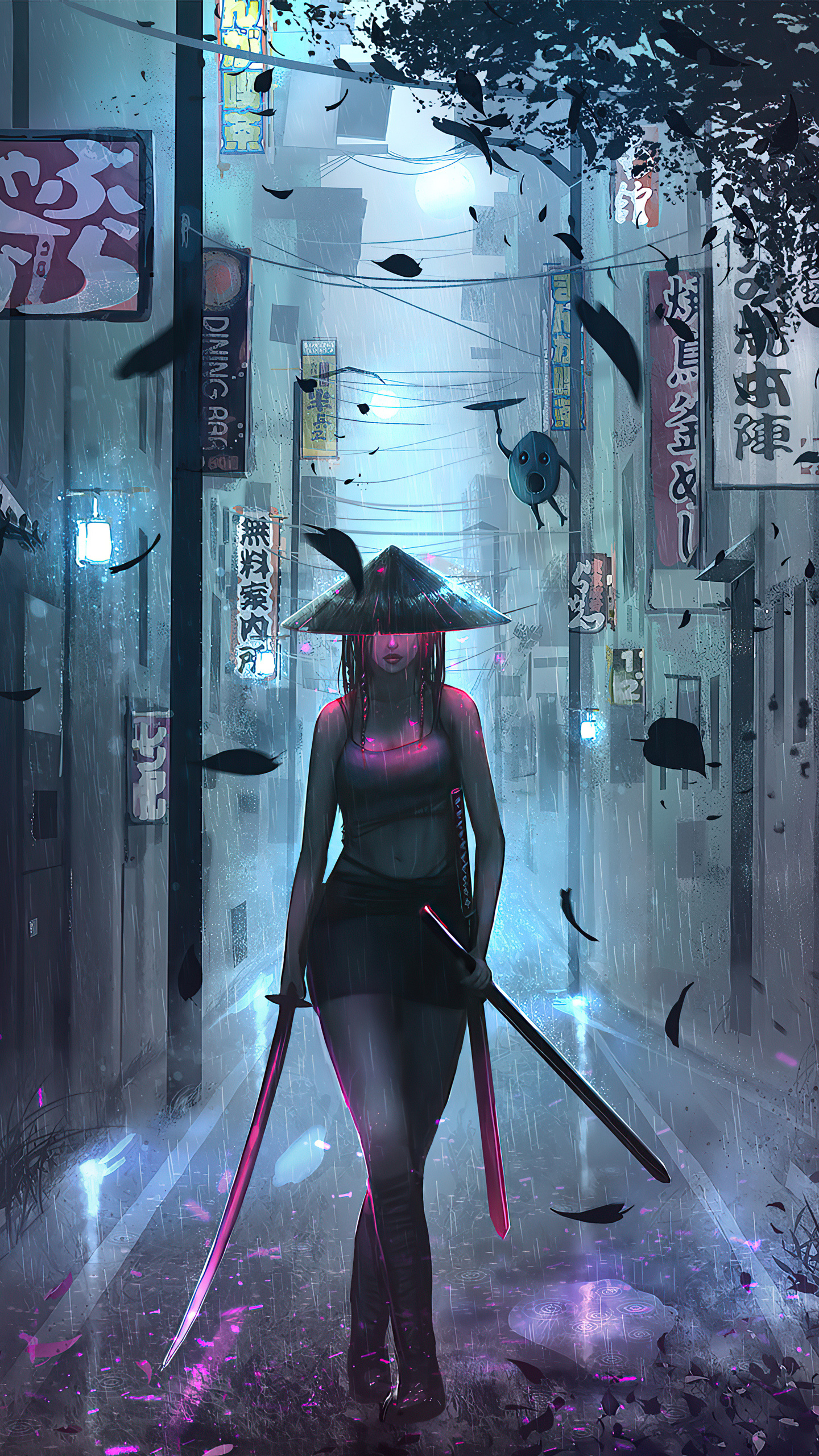 Cyberpunk samurai girl, Dual glowing katanas, Rainy Japanese alleyway, HD Phone wallpaper